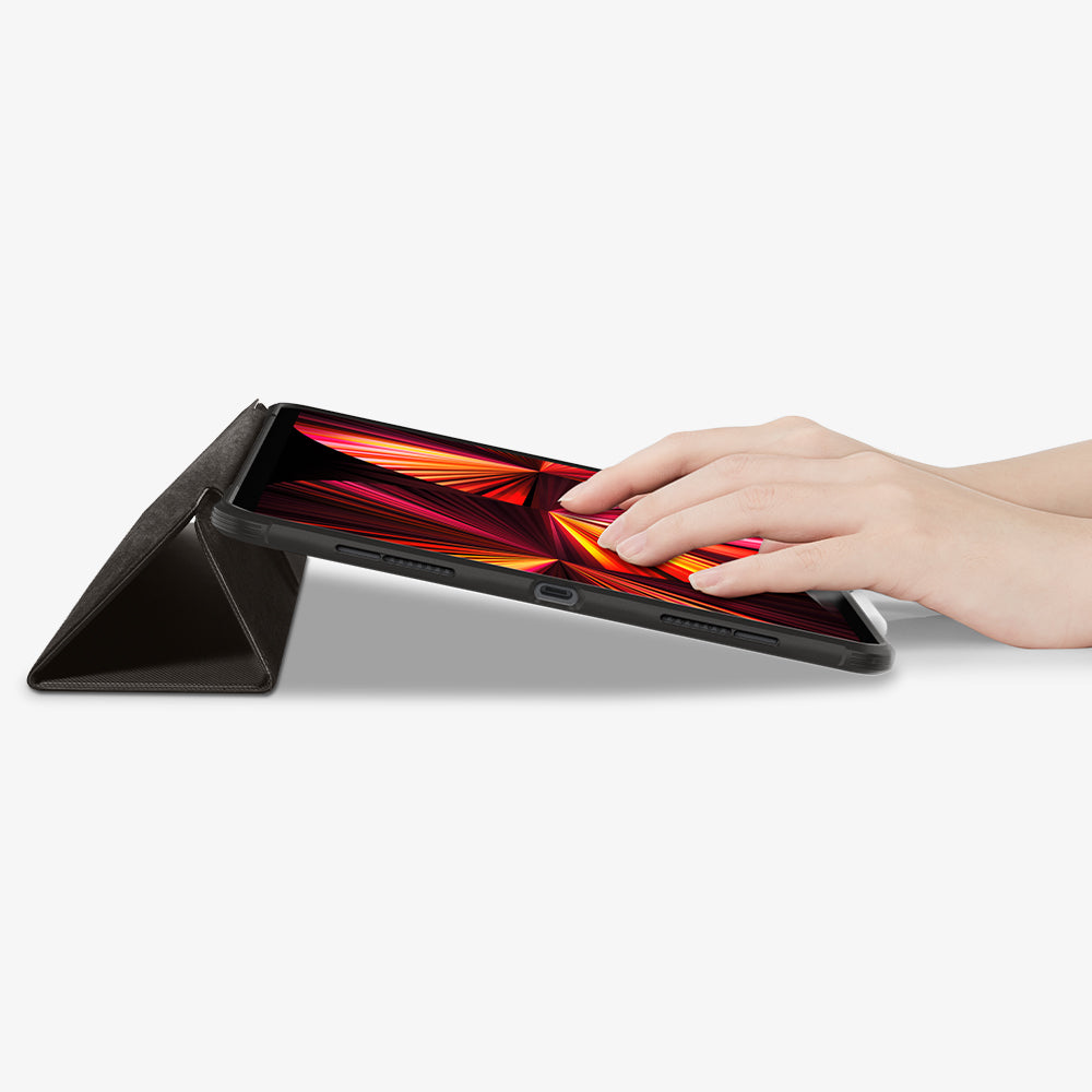 ACS01025 - iPad Pro 11-inch (2022) Rugged Armor Pro in Gunmetal showing using the tablet while it's propped up using its front cover as a kickstand