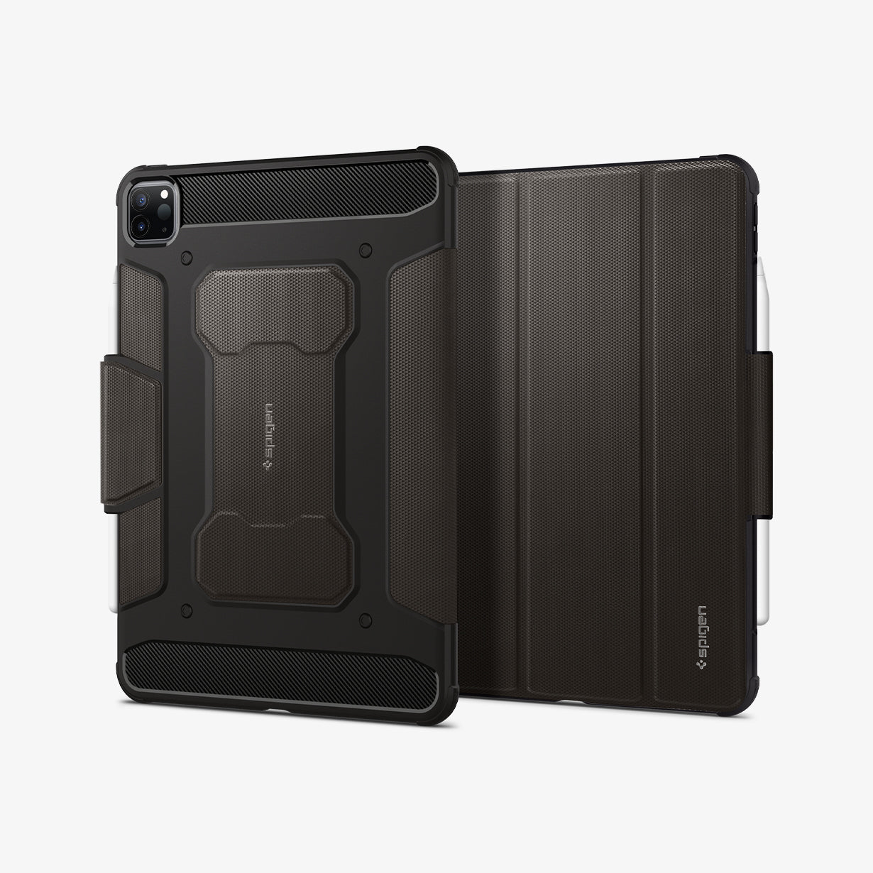 ACS01025 - iPad Pro 11-inch (2022) Rugged Armor Pro in Gunmetal showing the back and front with s-pen attached