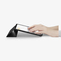 ACS07016 - iPad Pro 11-inch Case Ultra Hybrid Pro in Black showing the partial front with a hand typing on the device with a folded front cover propped up as a stand