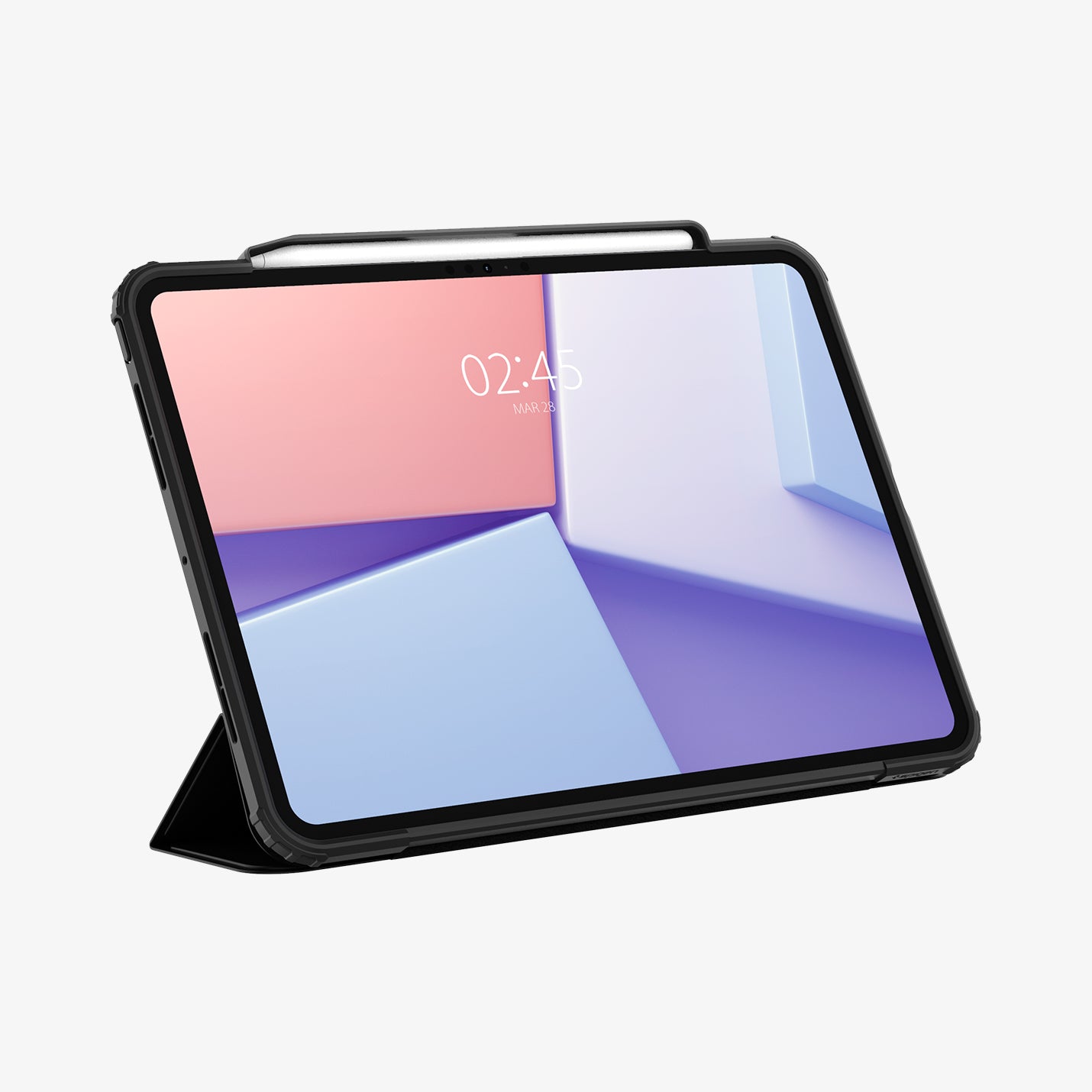 ACS07016 - iPad Pro 11-inch Case Ultra Hybrid Pro in Black showing the front with stylus and front cover folded, propped up behind to serve as a stand