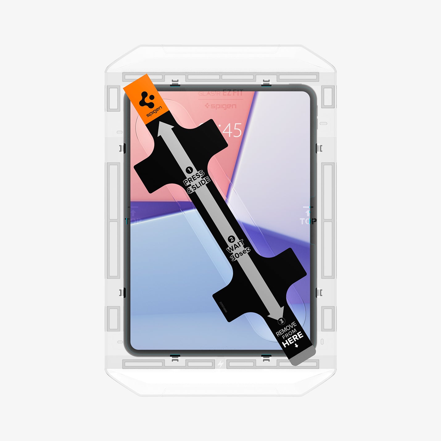 AGL07788 - iPad Pro 11-inch GLAS.tR EZ FIT in Clear showing the alignment tray attached to a device ready to be installed