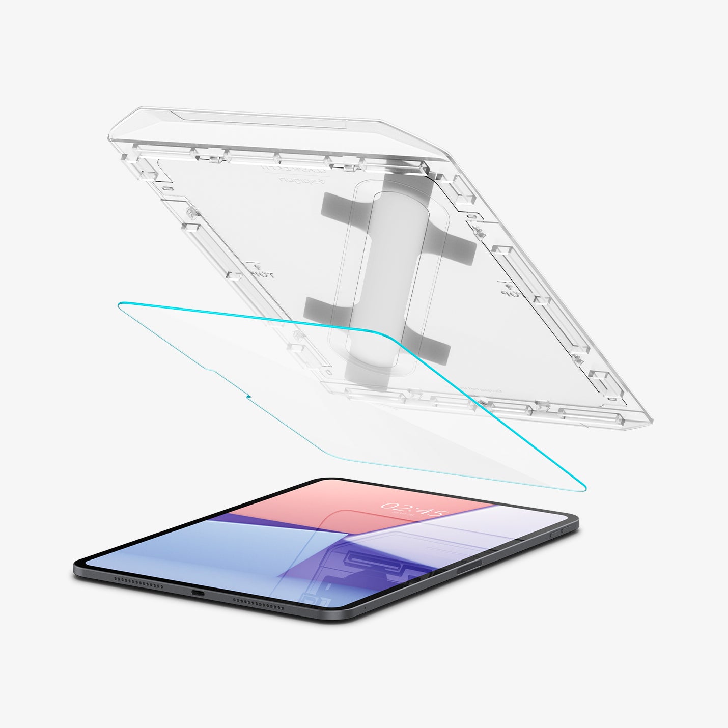 AGL07788 - iPad Pro 11-inch GLAS.tR EZ FIT in Clear showing the alignment tray hovering above the screen protector and a device