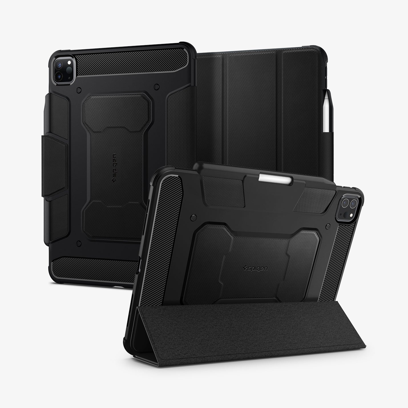ACS01024 - iPad Pro 11-inch Case Rugged Armor Pro in Black showing the back, partial front and another device showing the folded cover converted into kickstand