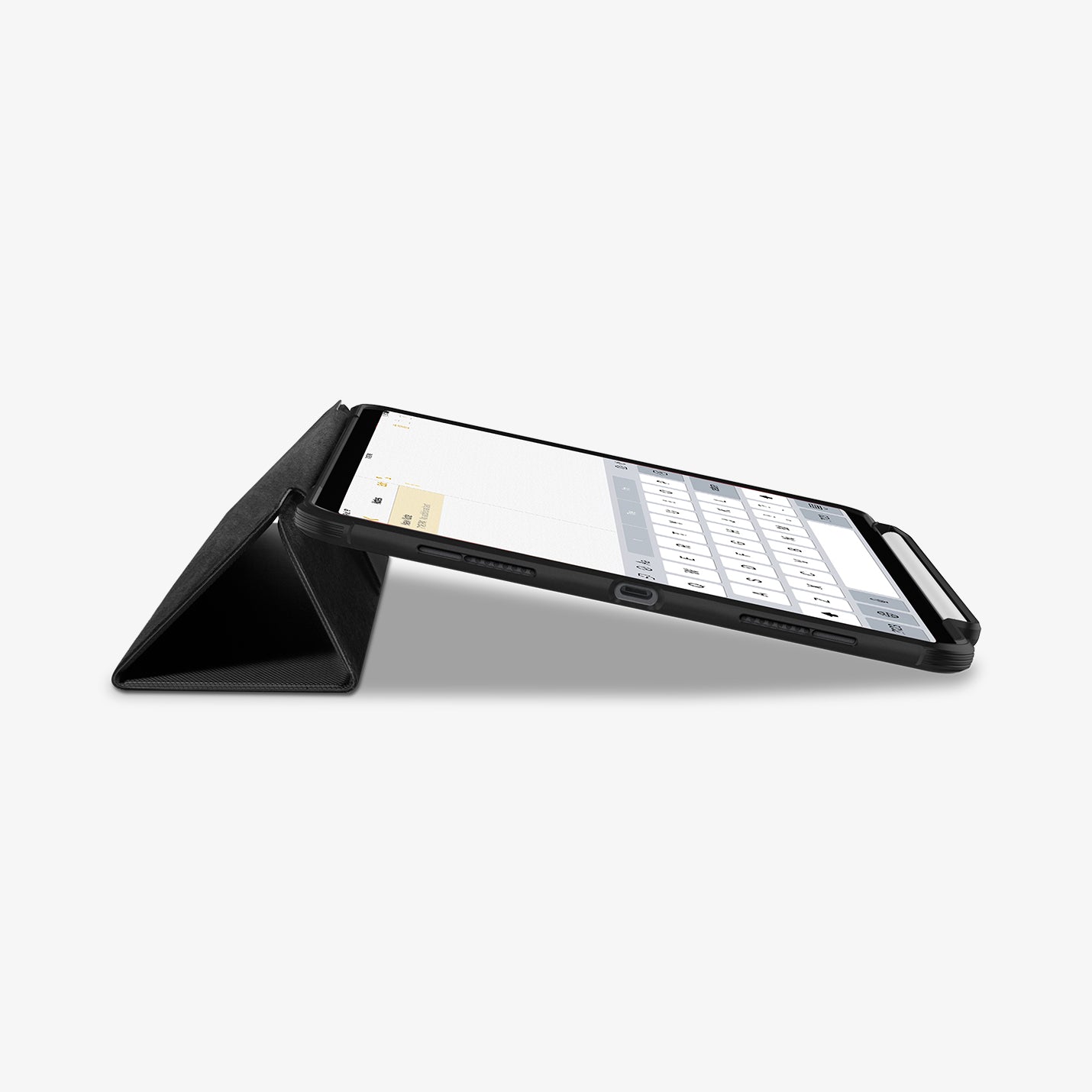 ACS01024 - iPad Pro 11-inch Case Rugged Armor Pro in Black showing the front and partial side of the device and folded cover converted into kickstand
