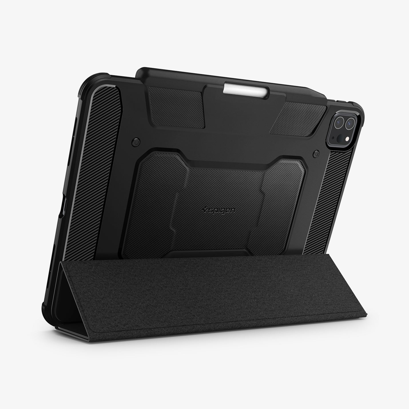 ACS01024 - iPad Pro 11-inch Case Rugged Armor Pro in Black showing the back, partial bottom with folded cover converted into kickstand with s-pen attached