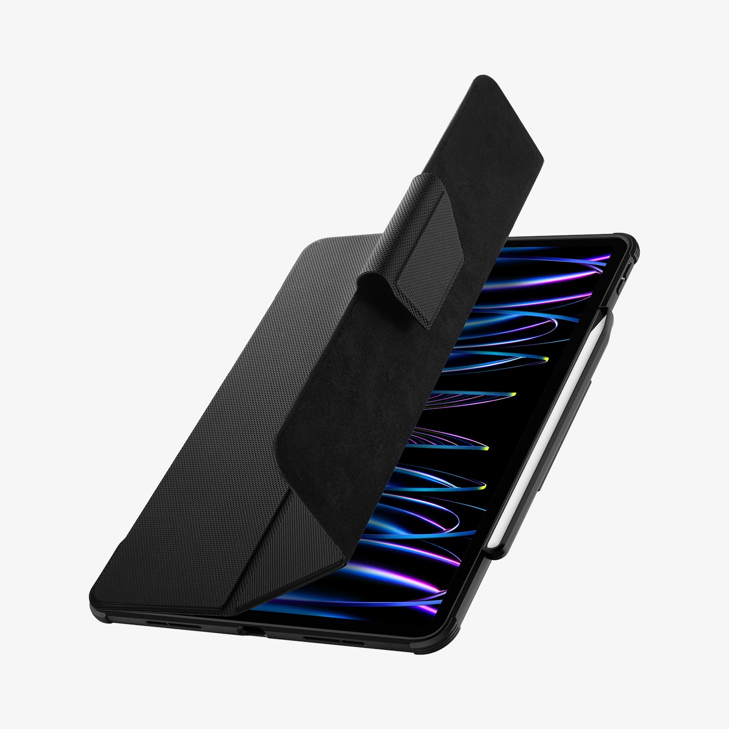 ACS01024 - iPad Pro 11-inch Case Rugged Armor Pro in Black showing the front cover partially lifted showing partial front of the device with s-pen attached