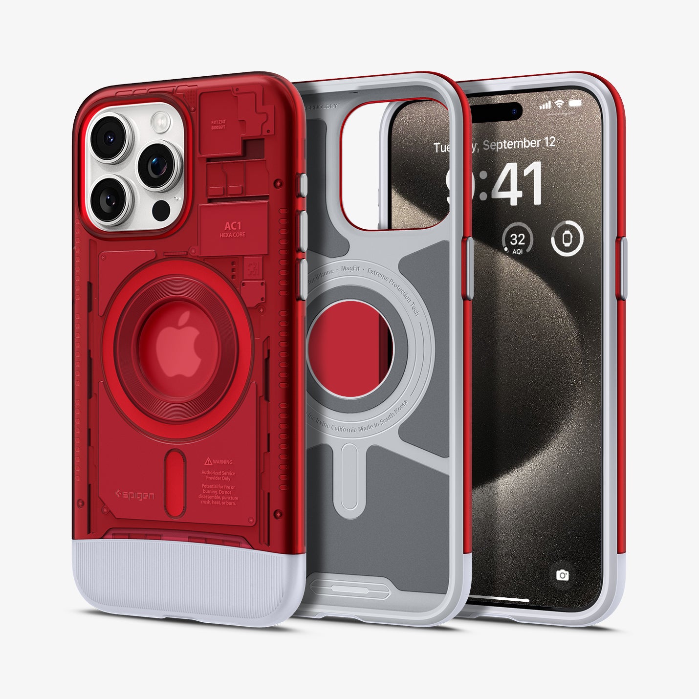 SPBD240005 - iPhone 15 Pro Max Case Classic C1 Bundle (MagFit) in Ruby showing the sides, back, in the middle, showing inner of the case, and next partial front