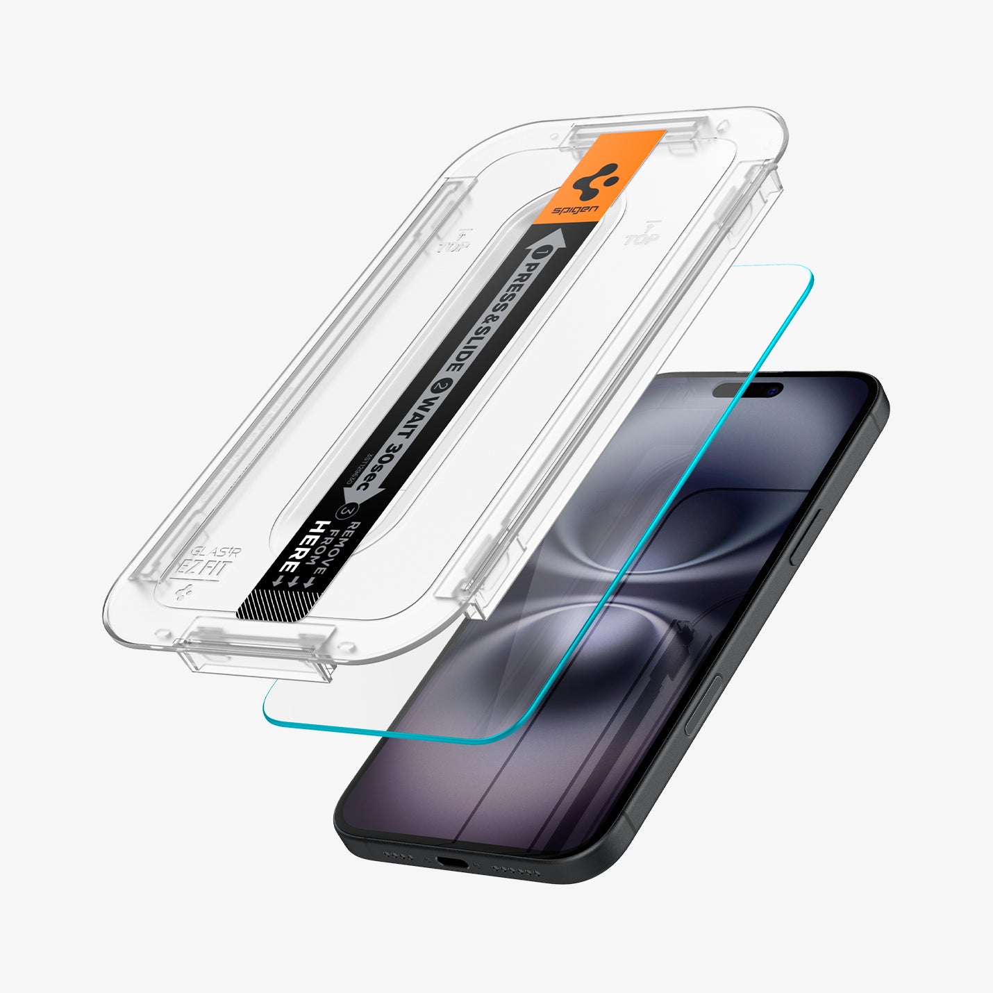 AGL06903 - iPhone 16 GLAS.tR EZ Fit Sensor Protected showing the installation tray hovering above the screen protector and the device