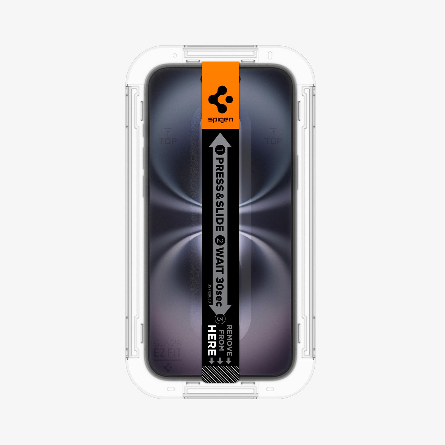 AGL06883 - iPhone 16 Plus GLAS.tR EZ Fit Sensor Protected showing the front, with installation tray attached to the device