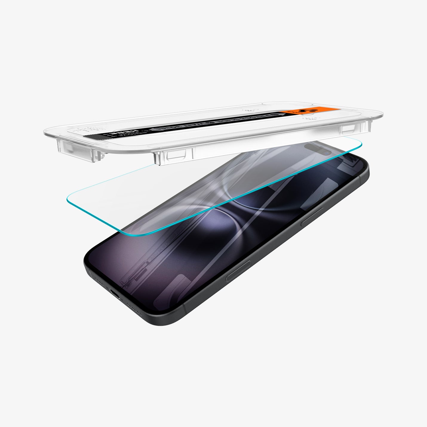 AGL06903 - iPhone 16 GLAS.tR EZ Fit Sensor Protected showing the installation tray partially hovering above the screen protector and the device