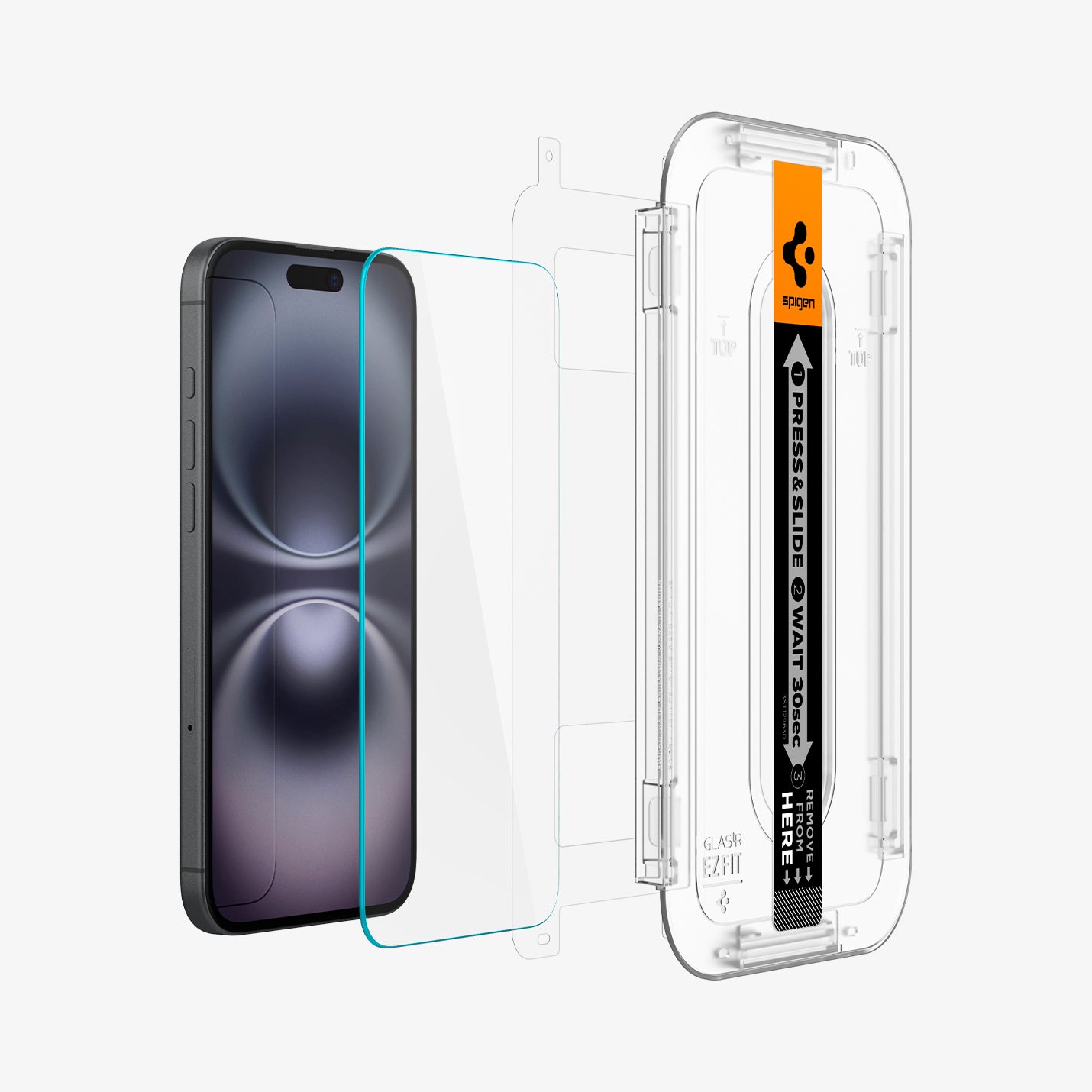AGL06903 - iPhone 16 GLAS.tR EZ Fit Sensor Protected showing the installation tray hovering in front of a screen film screen, screen protector and the device