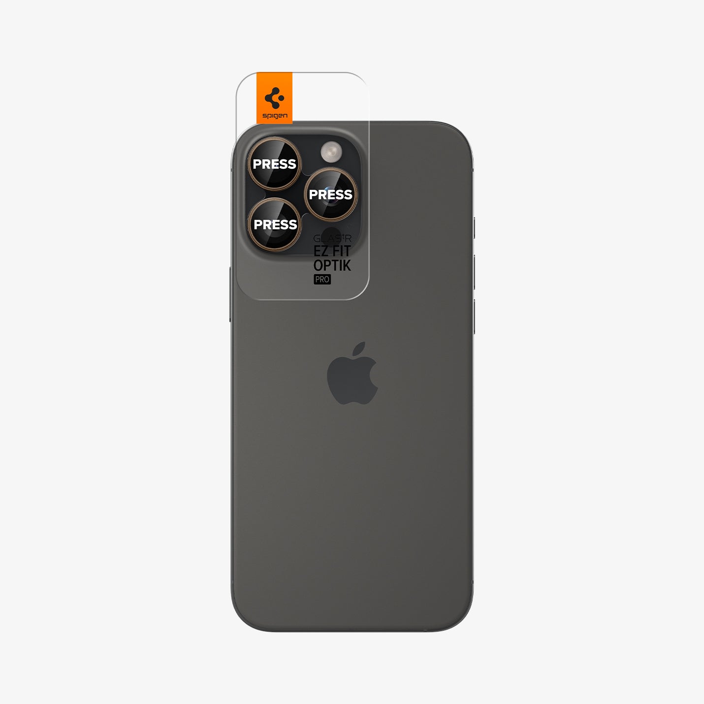 AGL08862 - iPhone 16 Pro Max Optik Pro EZ Fit Lens Protector in Desert Titanium showing the back with ez fit tray installed onto the camera lens