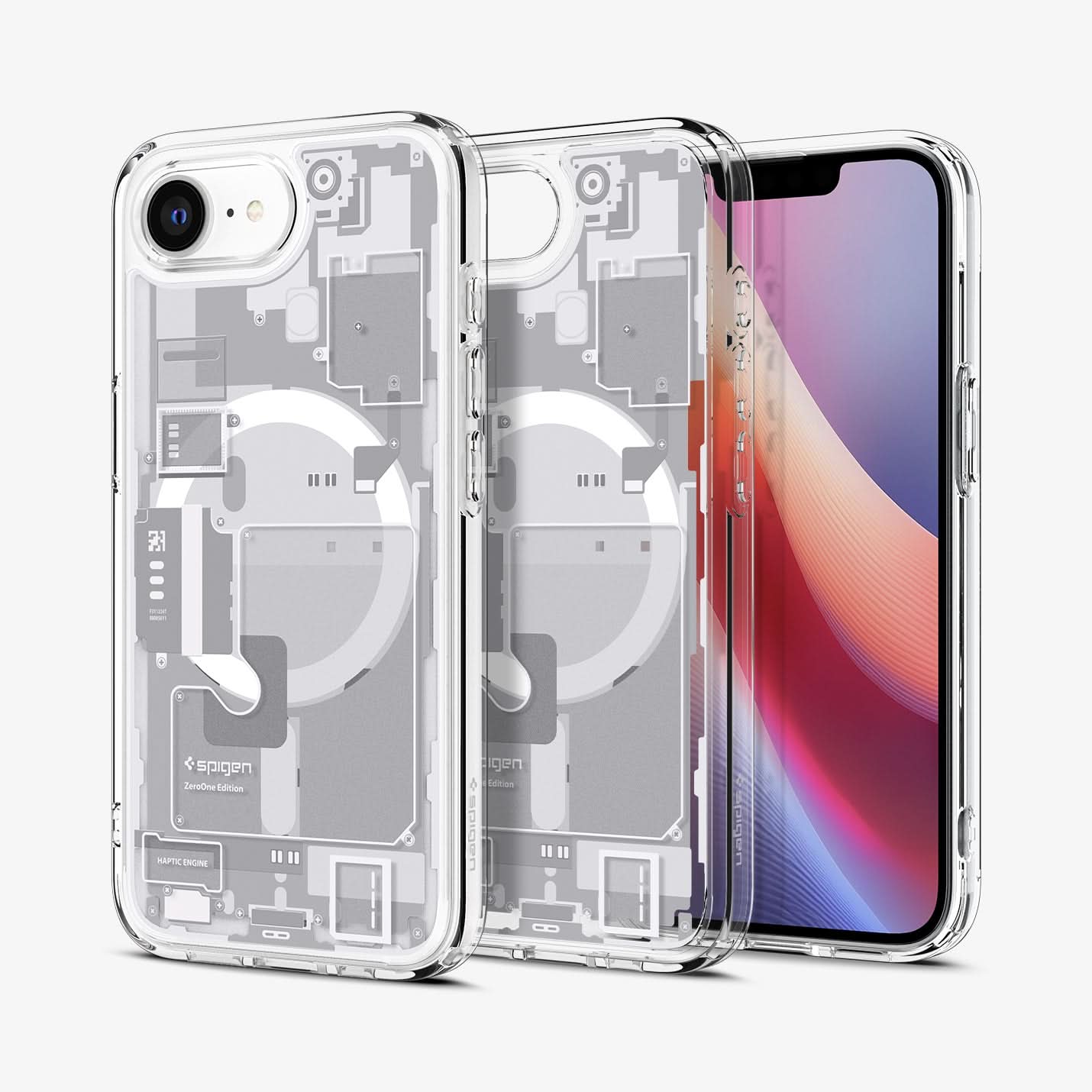ACS09142 - iPhone 16e Case Ultra Hybrid Zero One (MagFit) in Zero One White showing the back, partial inner, partial front and sides