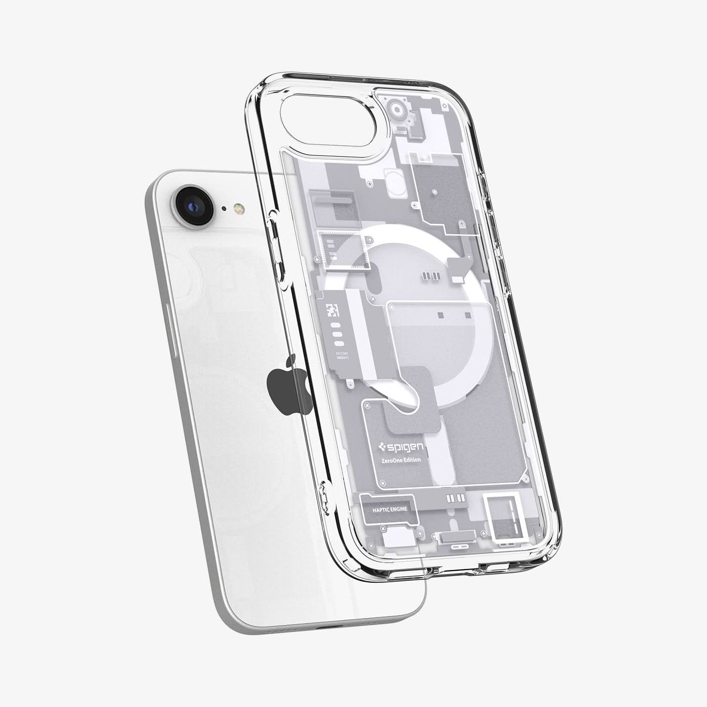 ACS09142 - iPhone 16e Case Ultra Hybrid Zero One (MagFit) in Zero One White showing the back and partial side hovering in front of the device