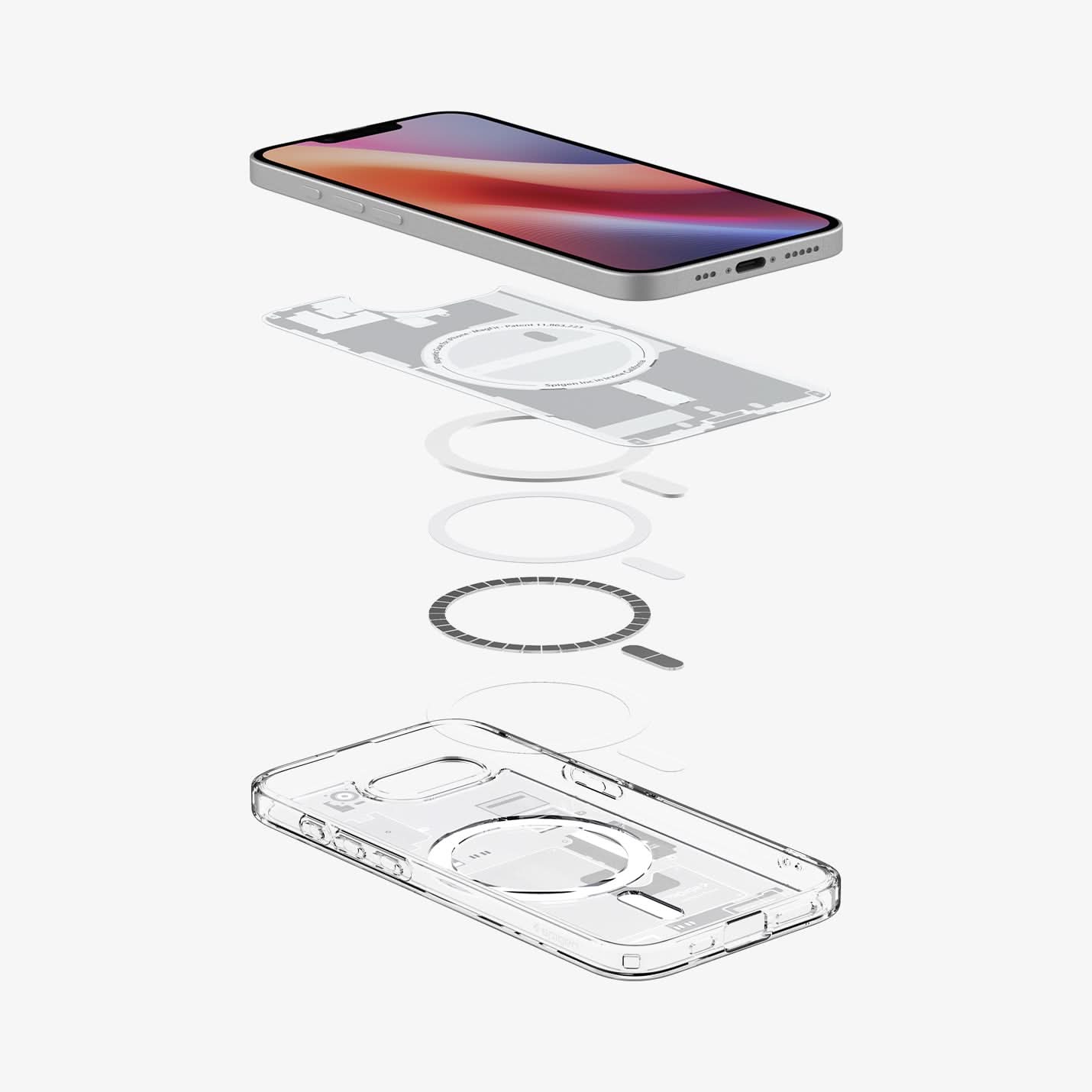 ACS09142 - iPhone 16e Case Ultra Hybrid Zero One (MagFit) in Zero One White showing the device hovering above the detached inner layer, metal ring parts and the case