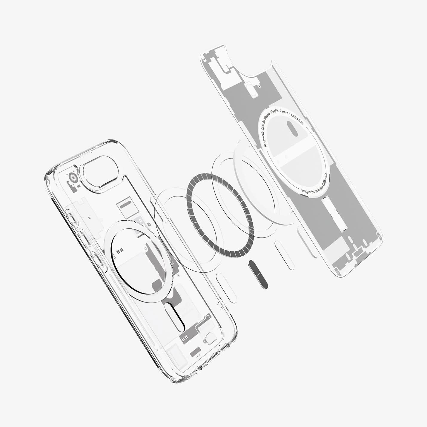 ACS09142 - iPhone 16e Case Ultra Hybrid Zero One (MagFit) in Zero One White showing the inner layer hovering in front of the detached metal ring and the case