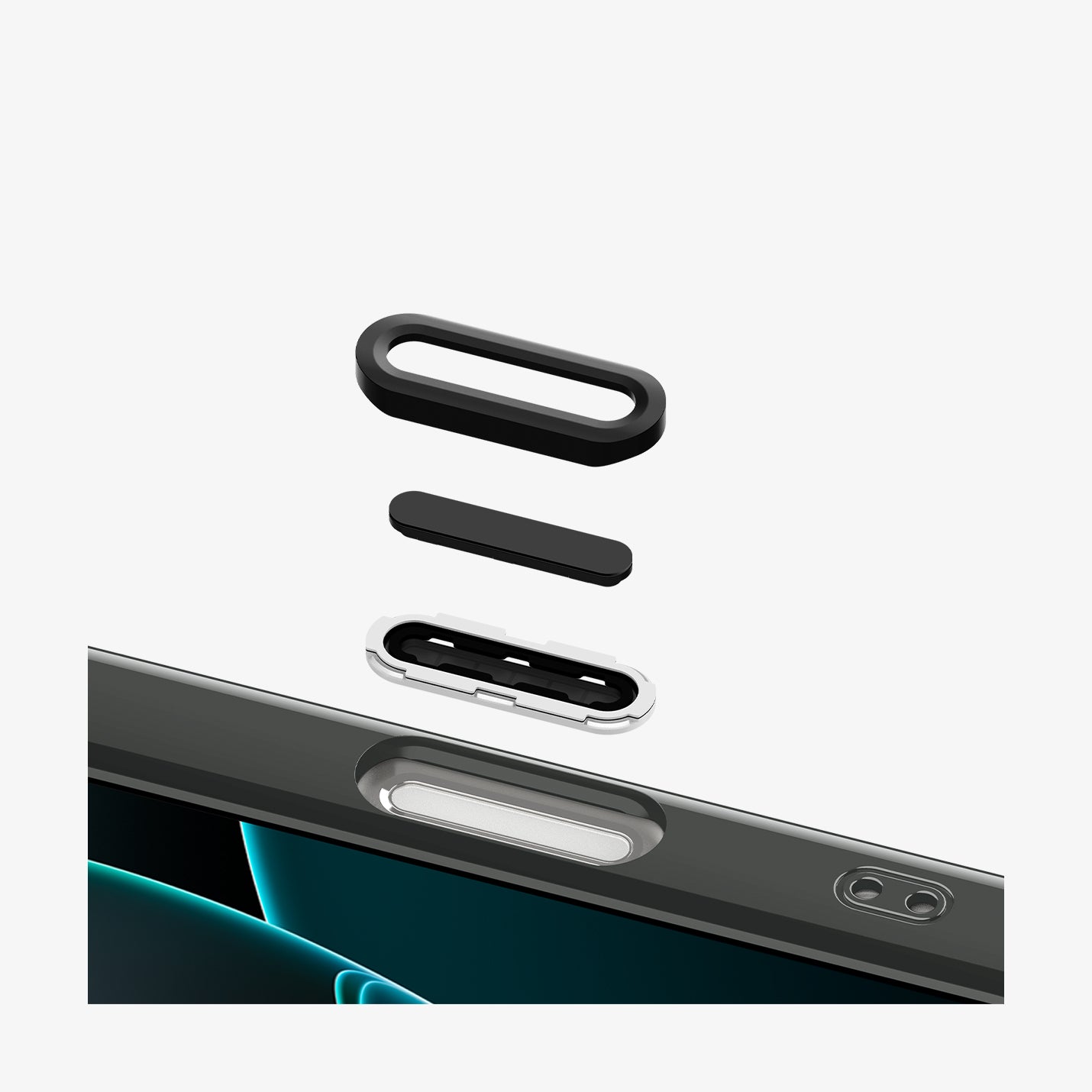 ACS09377 - iPhone 16 Pro Max Case c11 Series Flâneur Edition (MagFit) showing the detached parts of camera button hovering above the cutout of the case