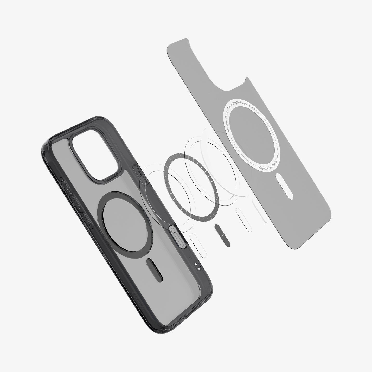 ACS08514 - iPhone 16 Pro Case Ultra Hybrid T (MagFit) in Frost Black showing the inner layer hovering above the detached metal ring plate and the back case