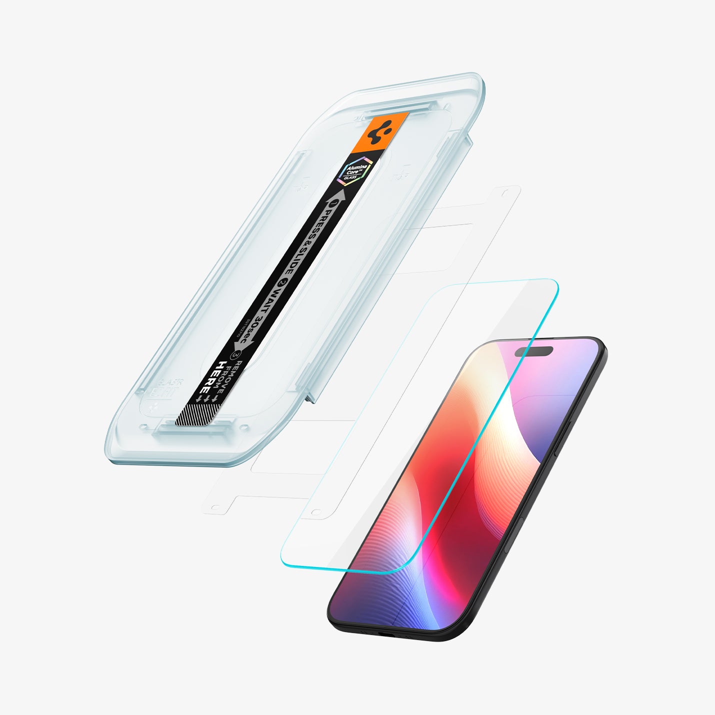 AGL09861 - iPhone 17 Air GLAS.tR EZ Fit | Sensor Protected showing the installation tray hovering above the screen protector and the device