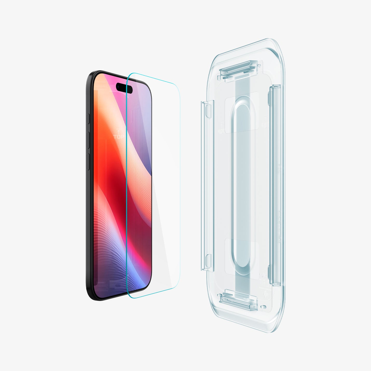 AGL09861 - iPhone 17 Air GLAS.tR EZ Fit | Sensor Protected showing the installation tray in front of the screen protector and the device