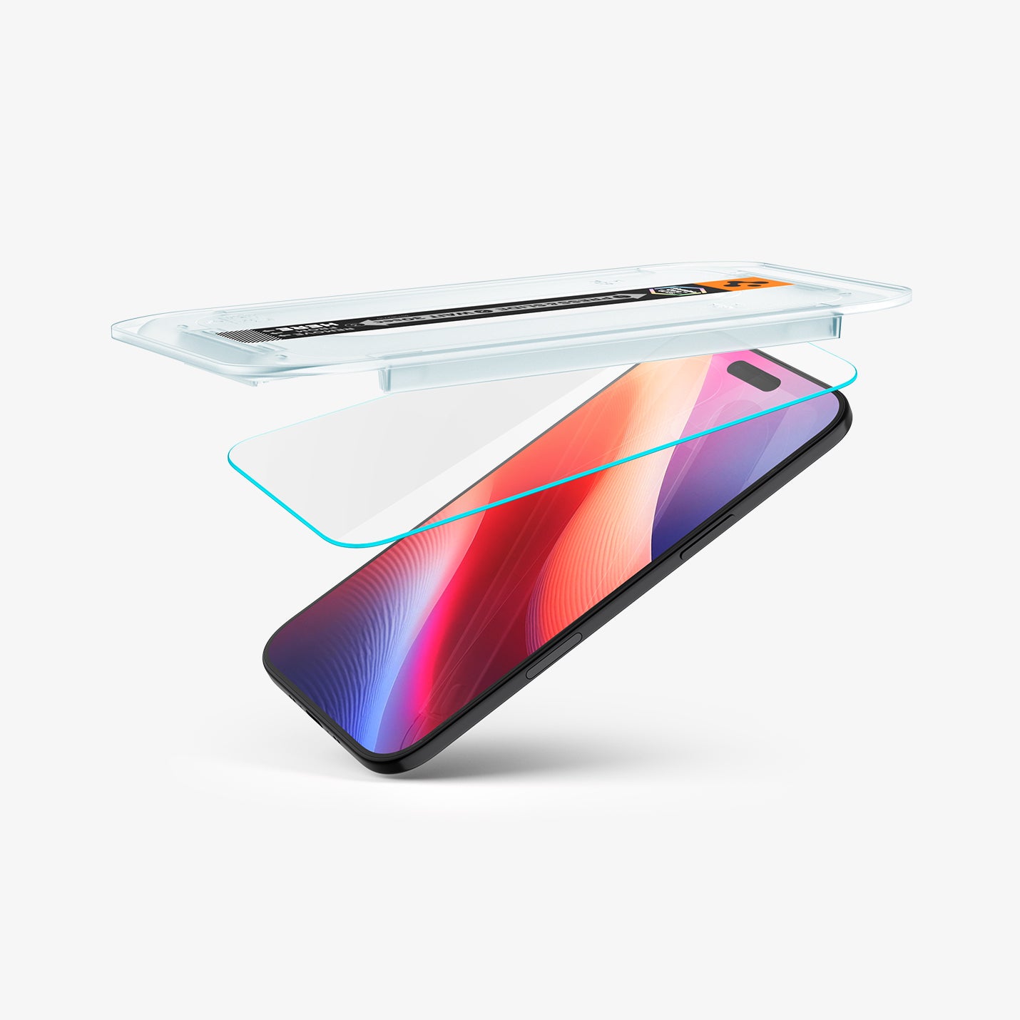 AGL09861 - iPhone 17 Air GLAS.tR EZ Fit | Sensor Protected showing the installation tray partially hovering above the screen protector and the device