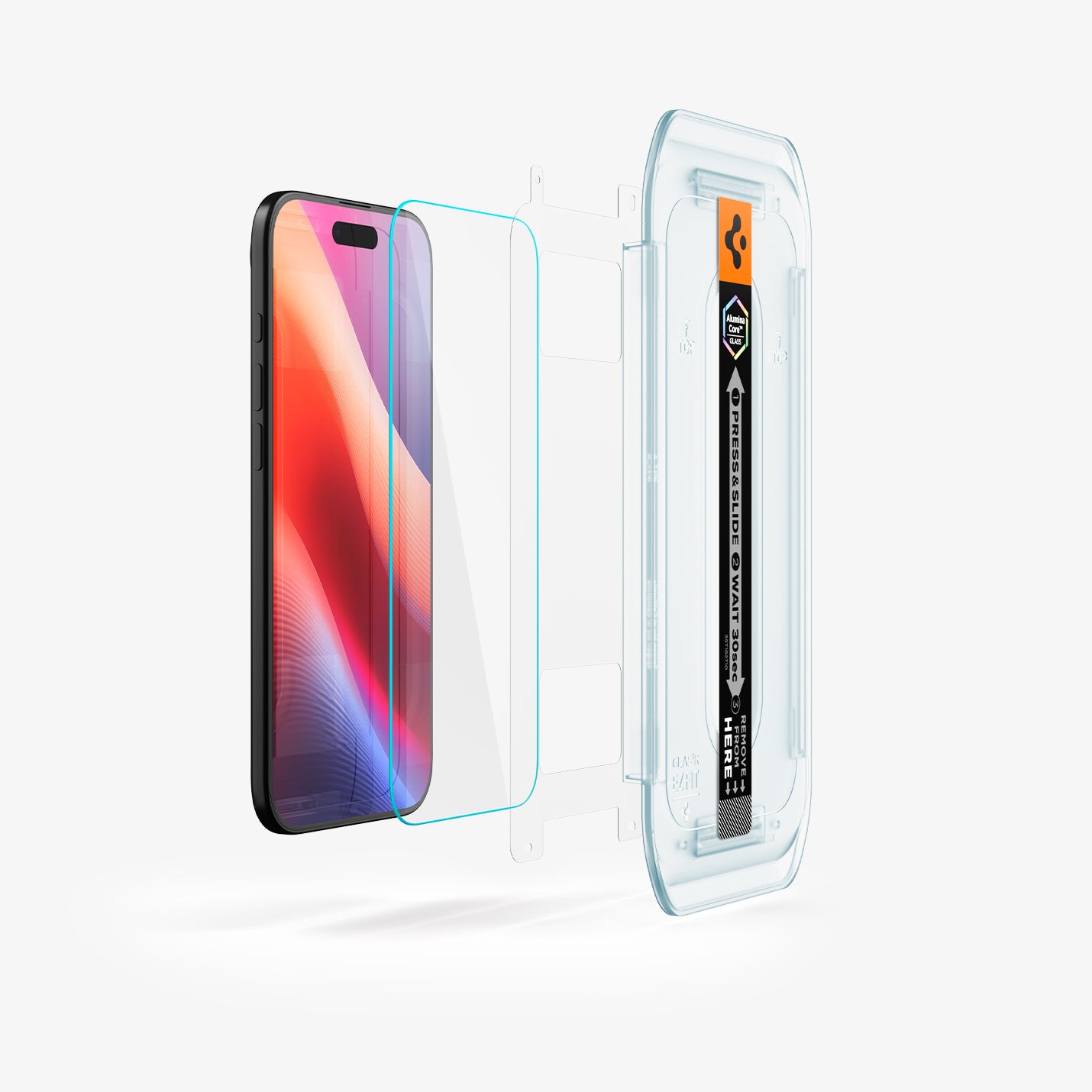 AGL09861 - iPhone 17 Air GLAS.tR EZ Fit | Sensor Protected showing the installation tray hovering in front of a screen film screen, screen protector and the device