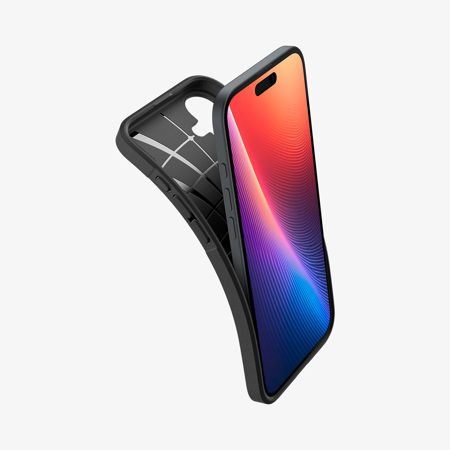 ACS08090 - iPhone 16 Plus Case Core Armor in Matte Black showing the side, partial inner, slightly peeled off from the case