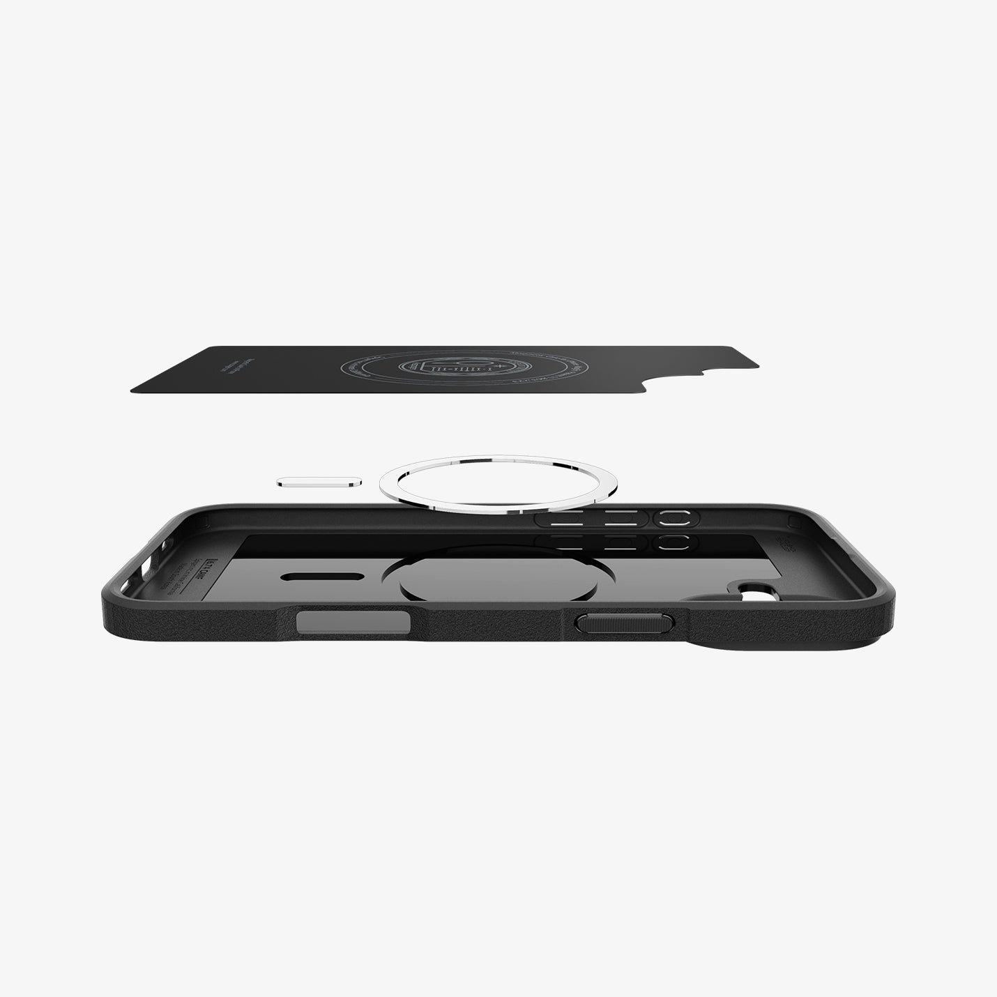 ACS08091 - iPhone 16 Plus Case Core Armor (MagFit) in Matte Black showing the detached soft inner layer hovering above the metal ring plate and the case