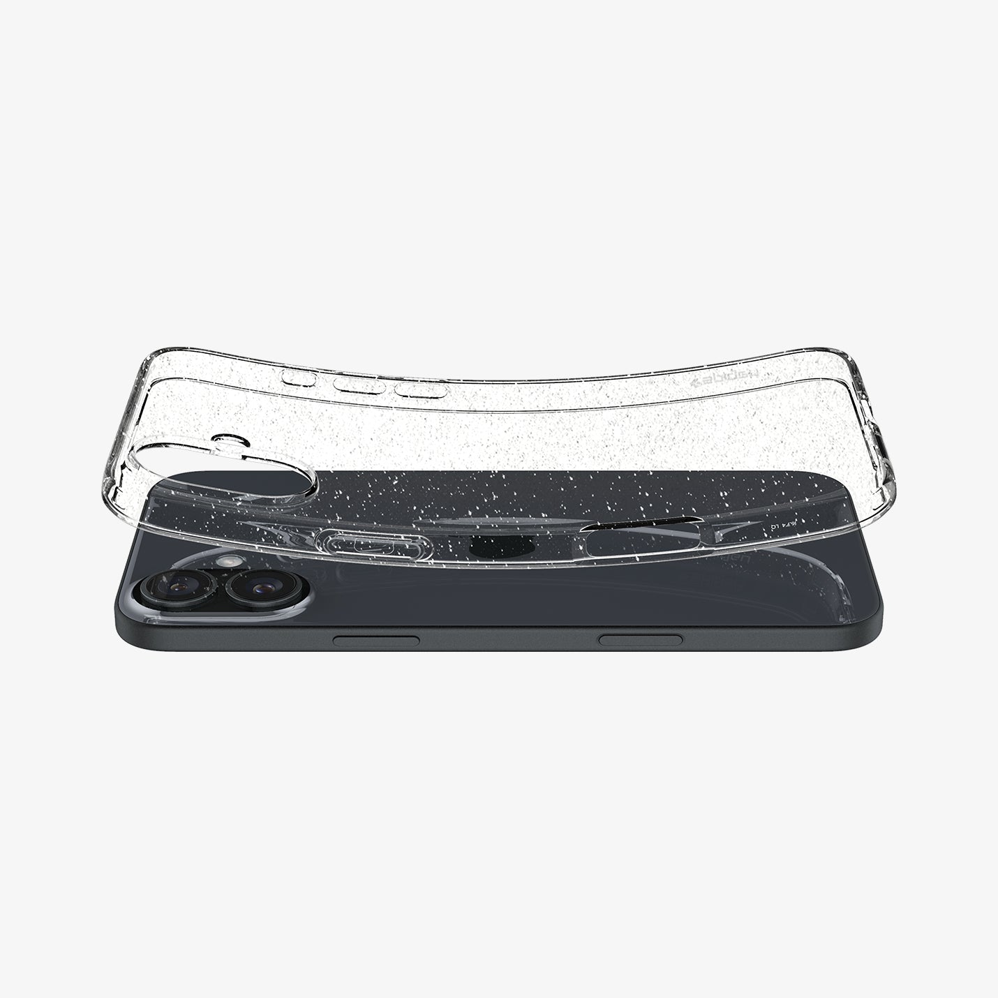 ACS08192 - iPhone 16 Case Liquid Crystal Glitter in Crystal Quartz showing the back, hovering above the device slightly lifted both ends of top and bottom of the case