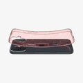 ACS08193 - iPhone 16 Case Liquid Crystal Glitter in Rose Quartz showing the back, hovering above the device slightly lifted both ends of top and bottom of the case