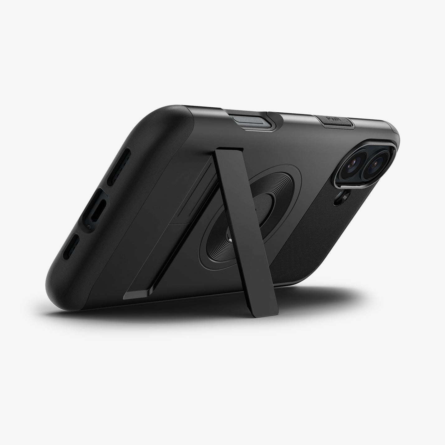 ACS08227 - iPhone 16 Case Slim Armor (MagFit) in Black showing the back, partial side and bottom, propped up with a built-in kickstand