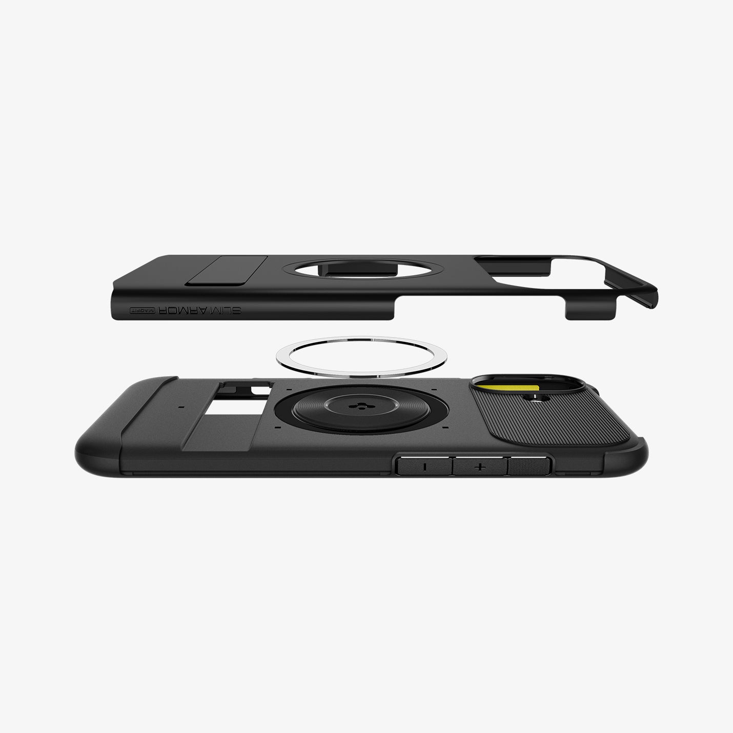 ACS08227 - iPhone 16 Case Slim Armor (MagFit) in Black showing the back cover hovering above detached metal ring plate and the back of the case