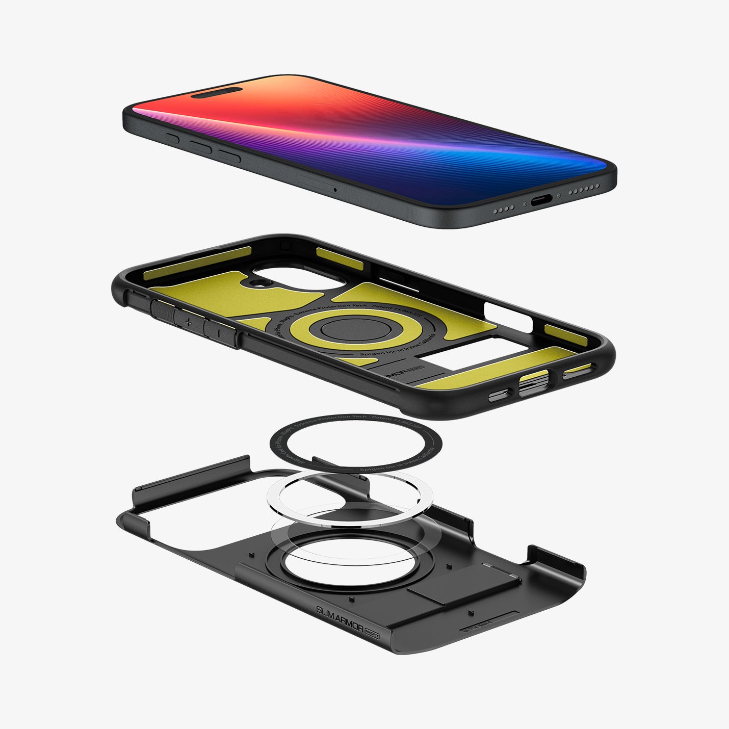 ACS08227 - iPhone 16 Case Slim Armor (MagFit) in Black showing the device hovering above the detached back casing, metal ring plate and back cover of the case