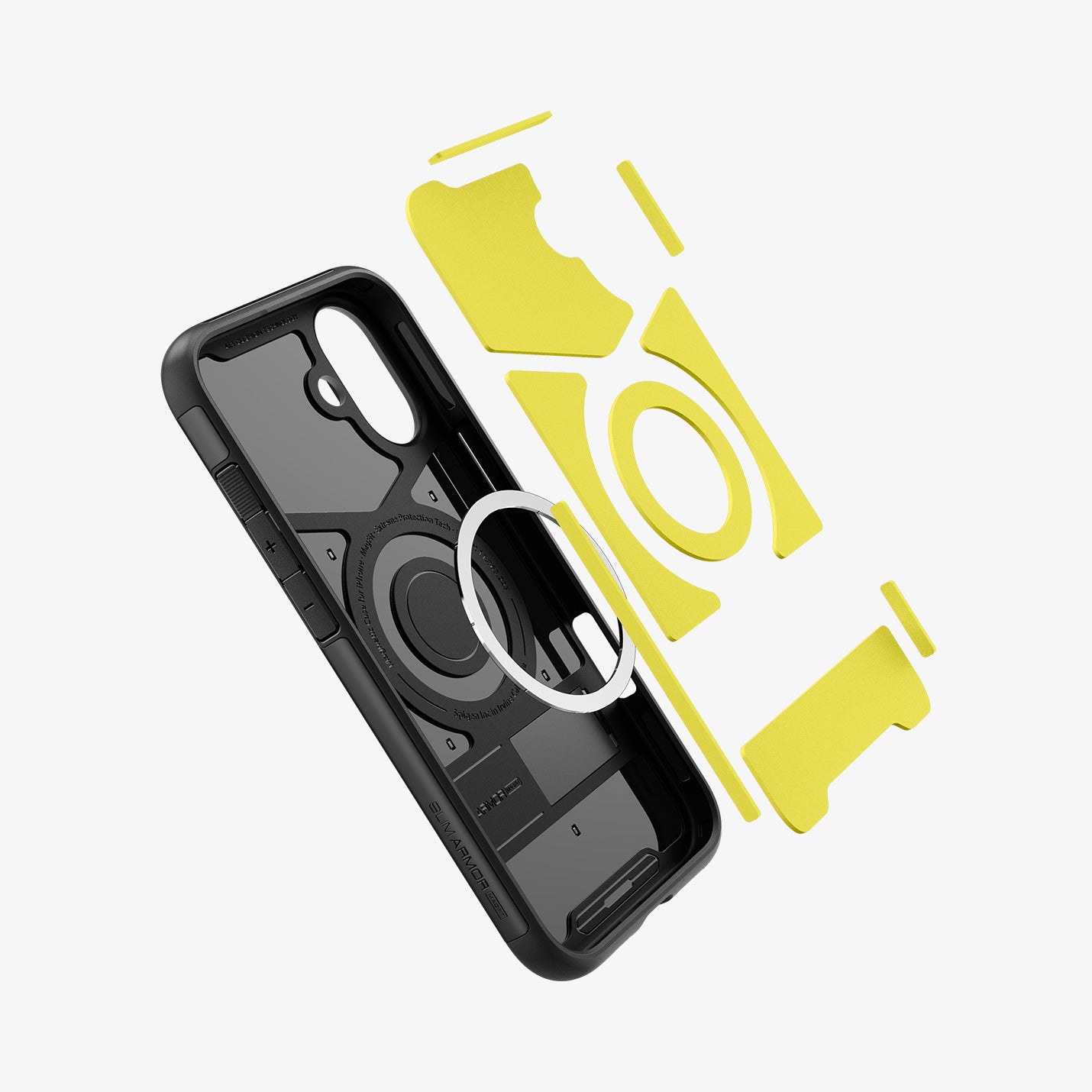 ACS08227 - iPhone 16 Case Slim Armor (MagFit) in Black showing the detached impact foam hovering in front of the metal ring plate and the back casing showing inner side