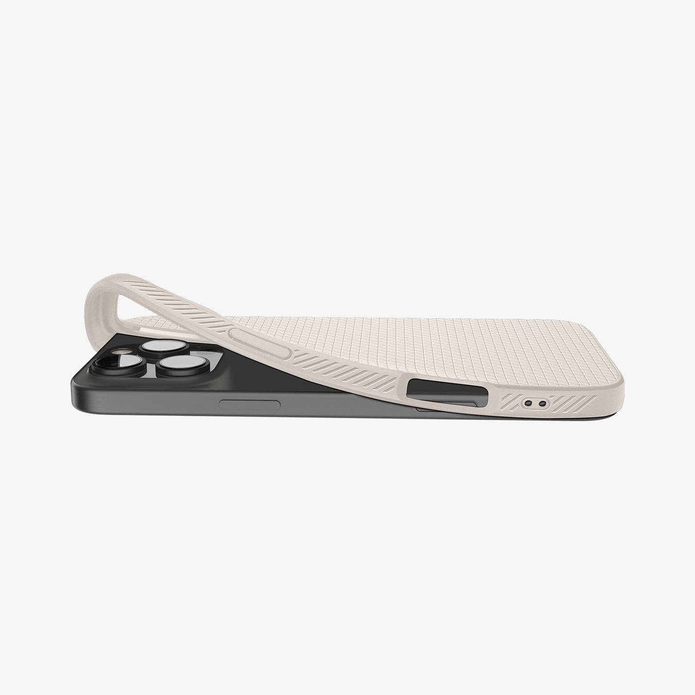 ACS08120 - iPhone 16 Pro Case Liquid Air in Natural Titanium showing the back, partially peeled off from the device on a flat