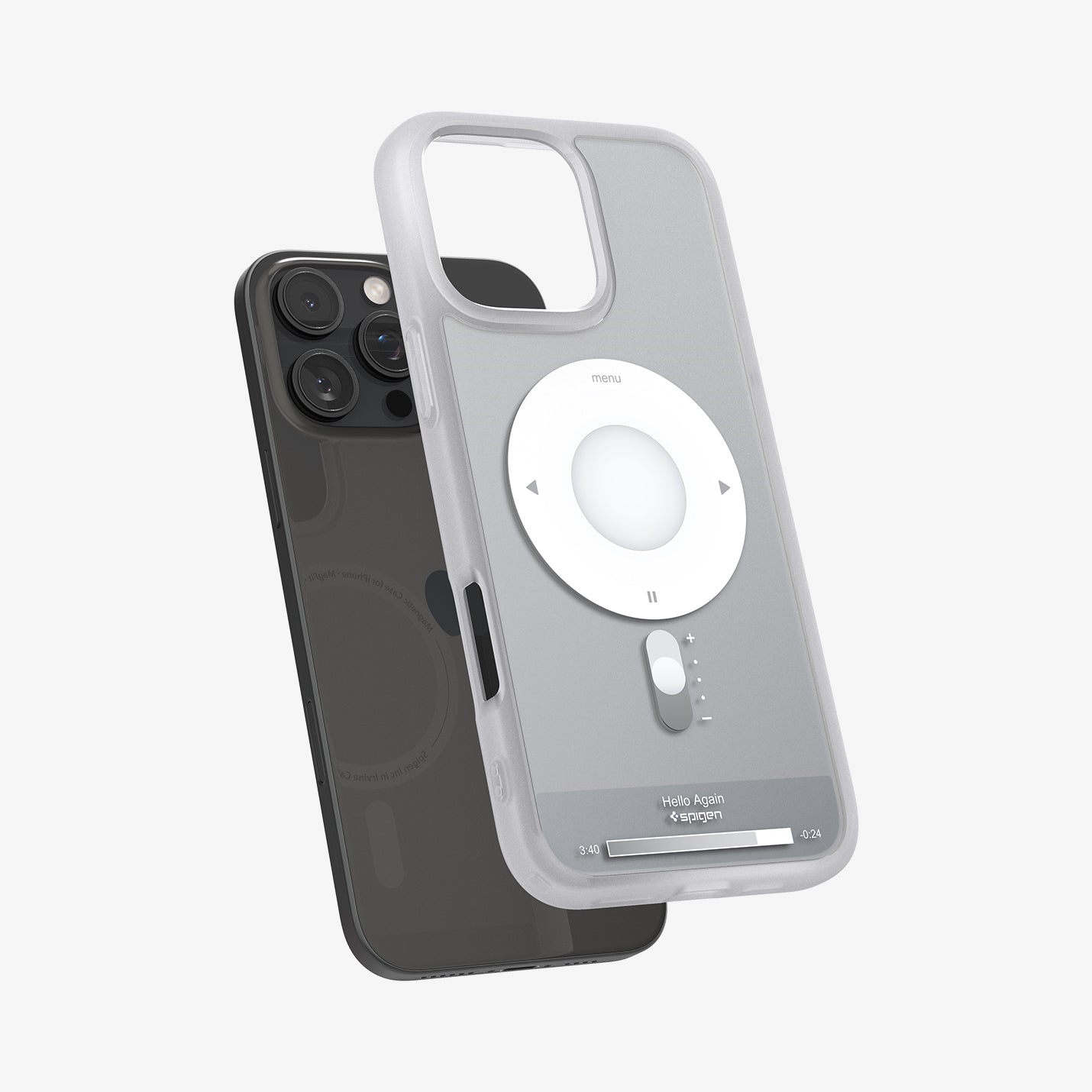 ACS08006 - iPhone 16 Pro Max Case Ultra Hybrid Classic (MagFit) in Classic Silver showing the back, partial side and bottom hovering in front of the device