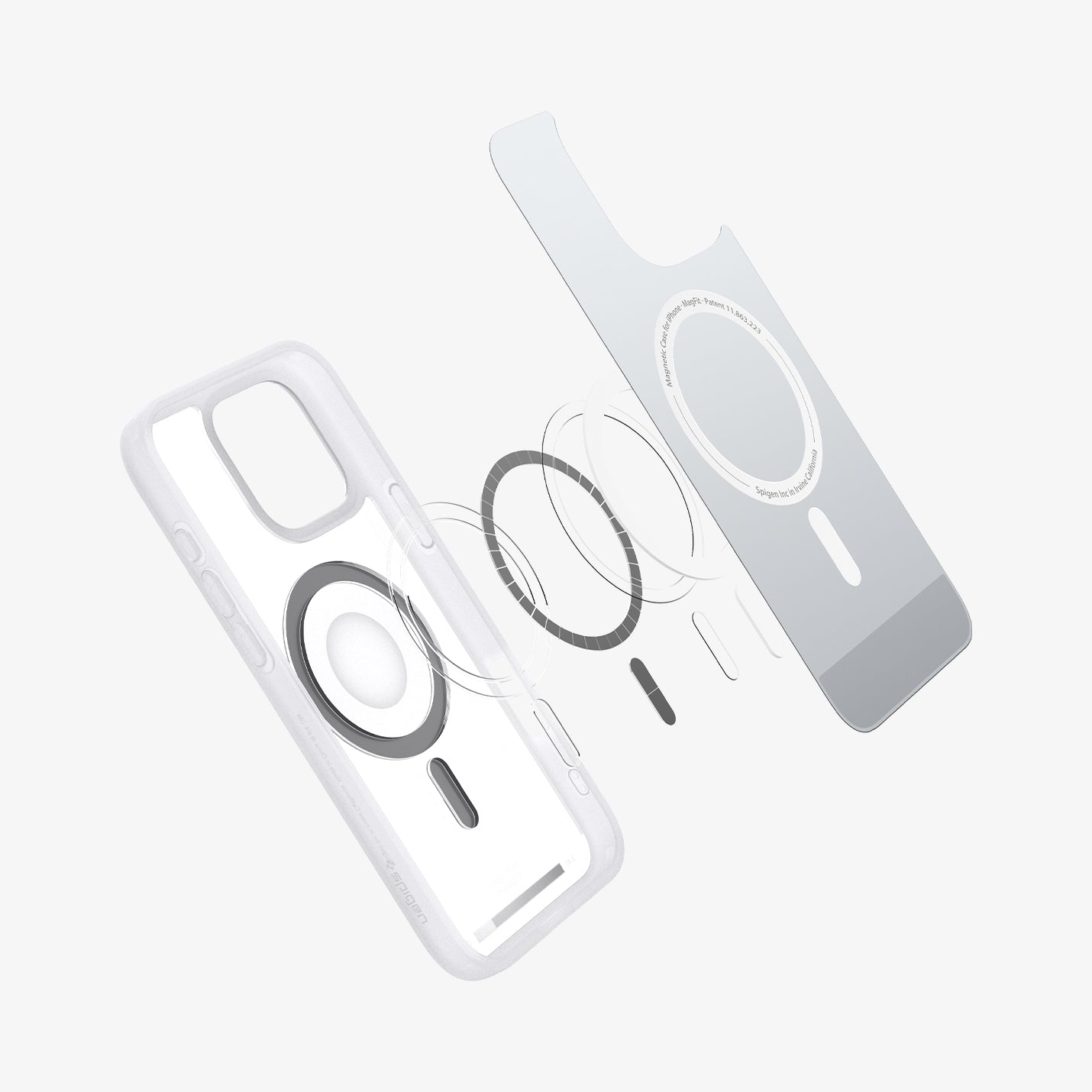 ACS08006 - iPhone 16 Pro Max Case Ultra Hybrid Classic (MagFit) in Classic Silver showing the front soft layer, hovering above the detached metal ring plate and the case