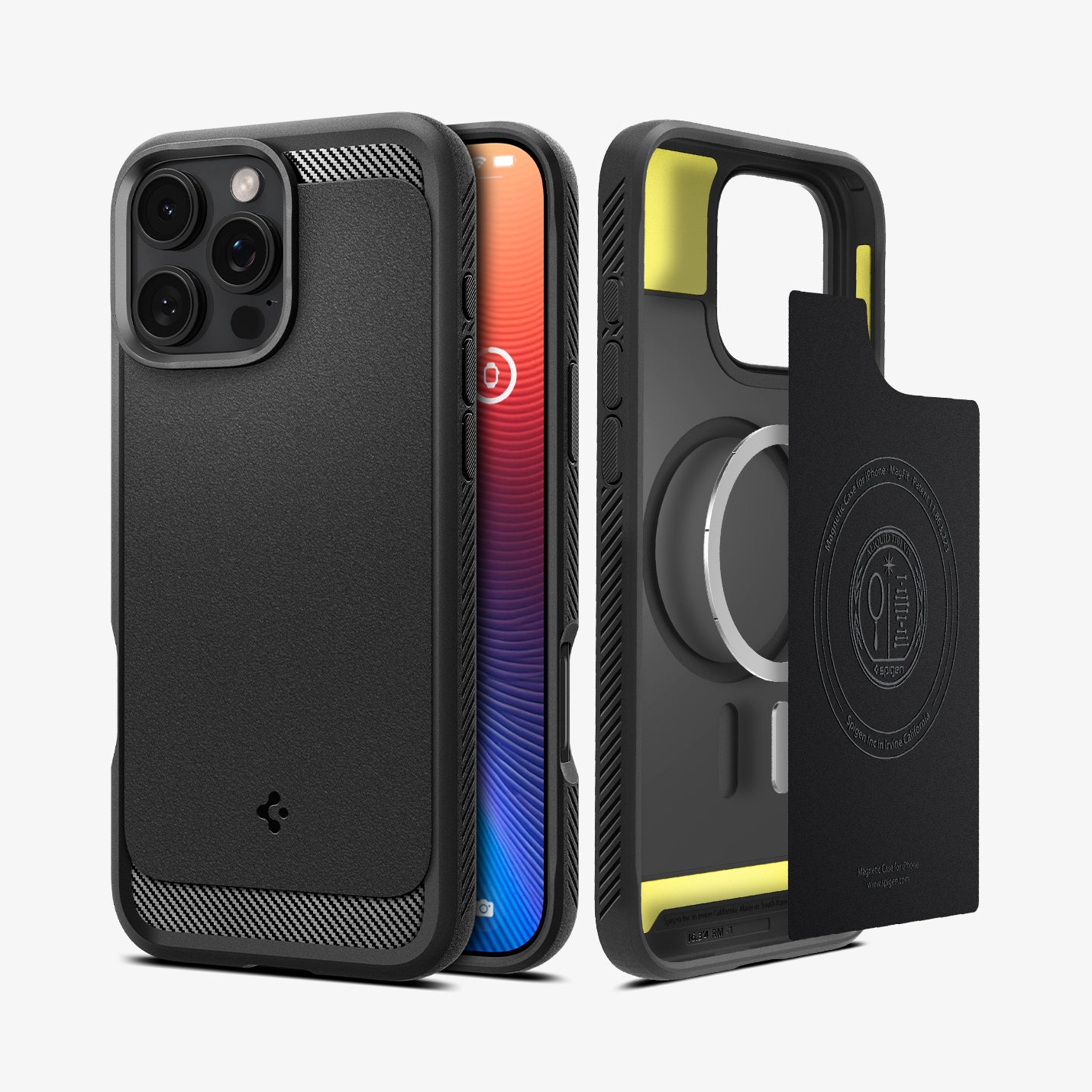 ACS08115 - iPhone 16 Pro Case Rugged Armor (MagFit) in Matte Black showing the back, partial sides, front, inner of the case, inner soft layer and metal ring plate hovering in front