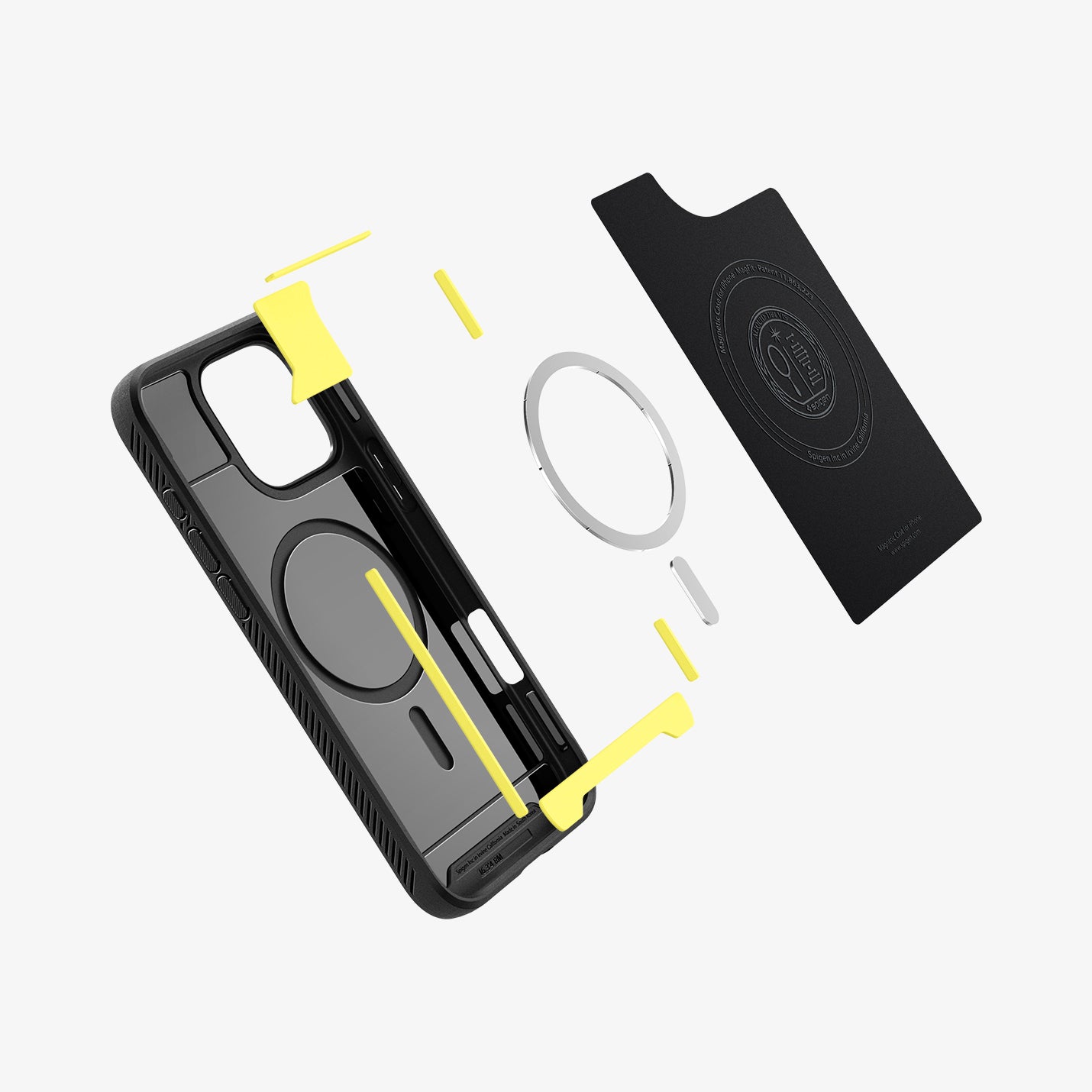 ACS08115 - iPhone 16 Pro Case Rugged Armor (MagFit) in Matte Black showing the inner soft layer of the case hovering in front of the detached metal ring plate, impact foam and the inner case