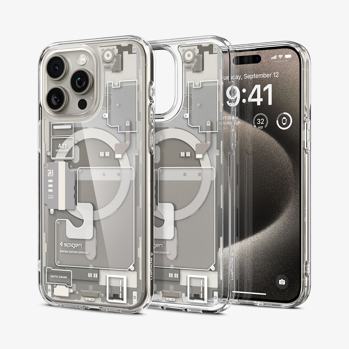 ACS07211 - iPhone 15 Pro Max Case Ultra Hybrid Zero One (MagFit) in Zero One Natural Titanium showing the back, next to it, a partial inner case and partial front