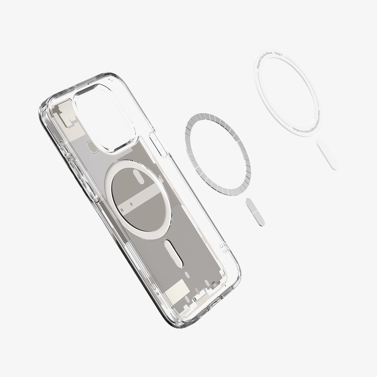 ACS07211 - iPhone 15 Pro Max Case Ultra Hybrid Zero One (MagFit) in Zero One Natural Titanium showing the detached mag rings hovering above showing the inner case