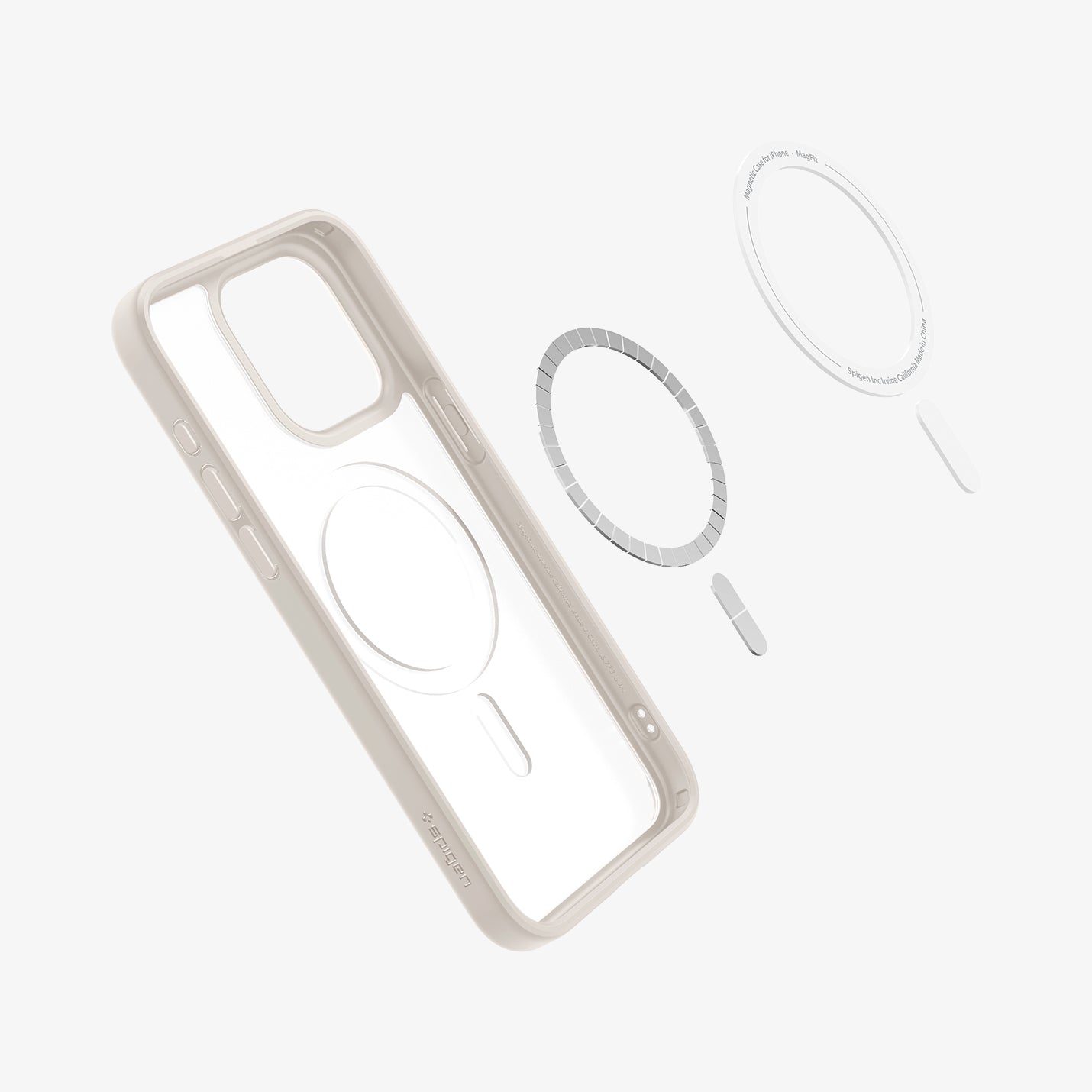 ACS07215 - iPhone 15 Pro Case Ultra Hybrid (MagFit) in Frost Natural Titanium showing the the magnet rings hovering above the inner case