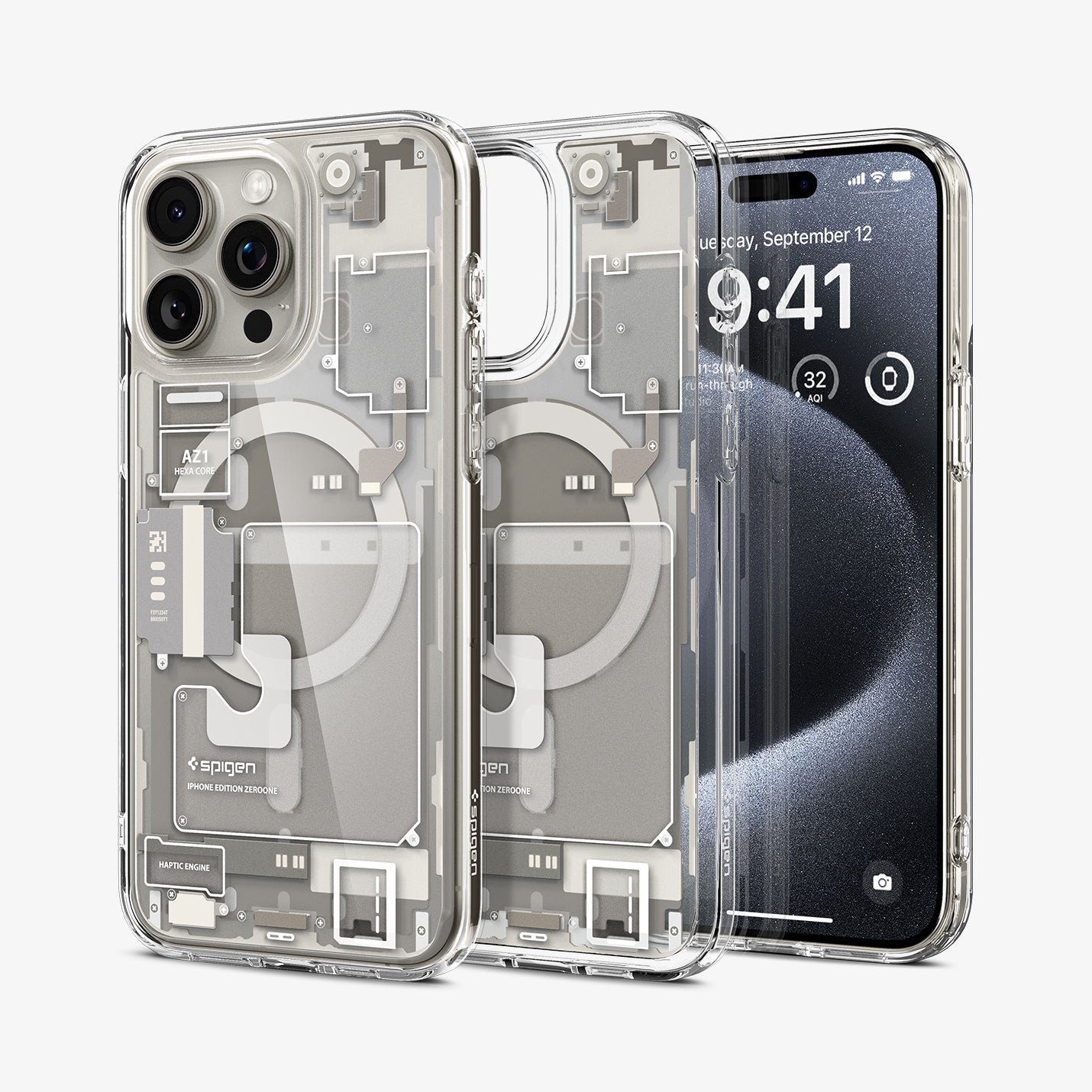ACS07216 - iPhone 15 Pro Case Ultra Hybrid Zero One (MagFit) in Zero One Natural Titanium showing the back, next to it, a partial inner case and partial front