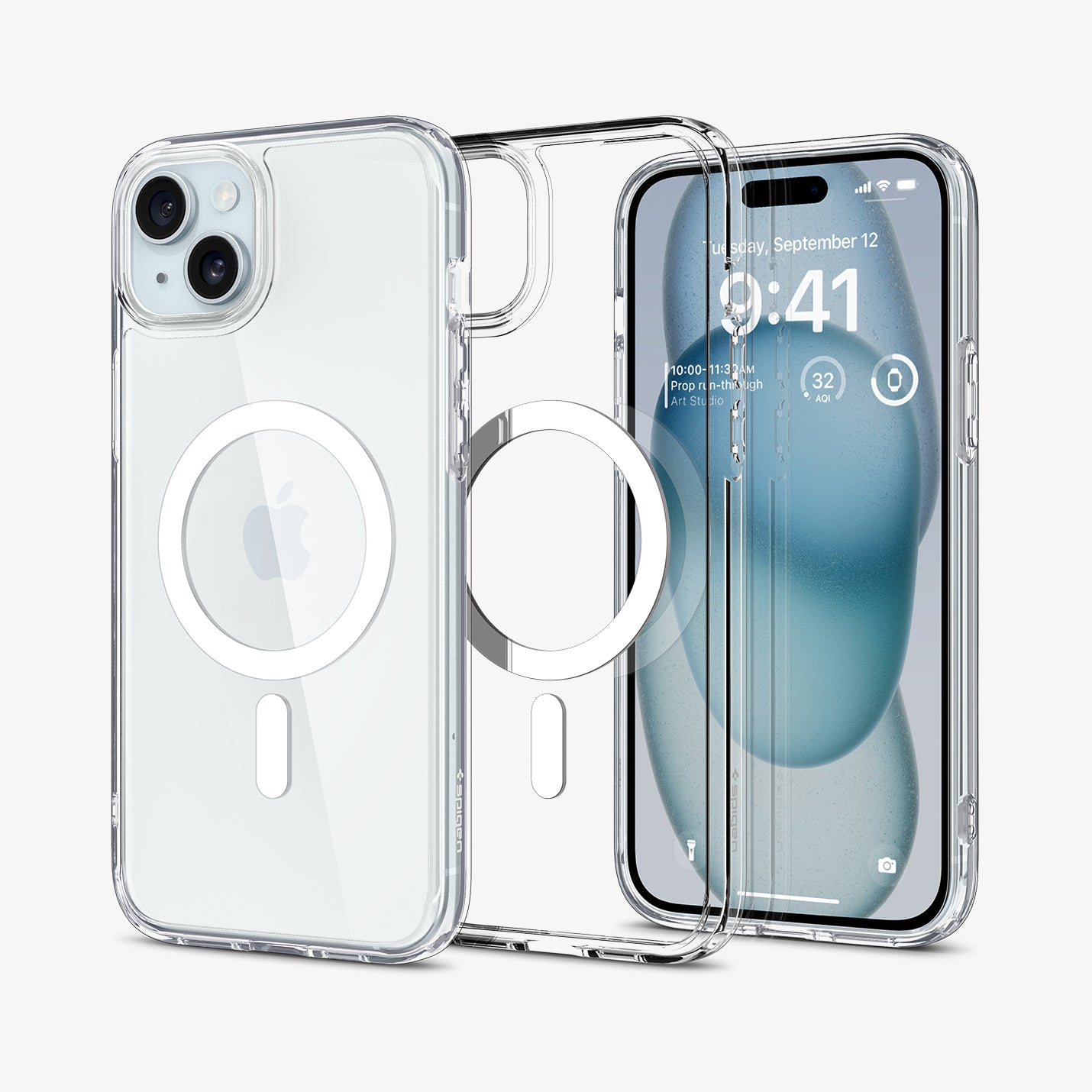 ACS06802 - iPhone 15 Case Ultra Hybrid (MagFit) in white showing the back and front