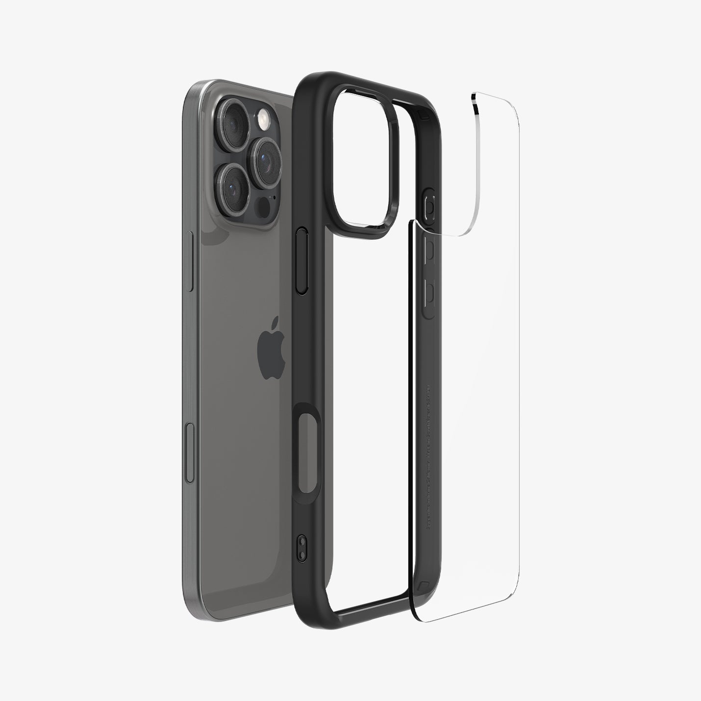 ACS08125 - iPhone 16 Pro Case Ultra Hybrid in Matte Black showing the back, detached from the frame of the case aligned with the device