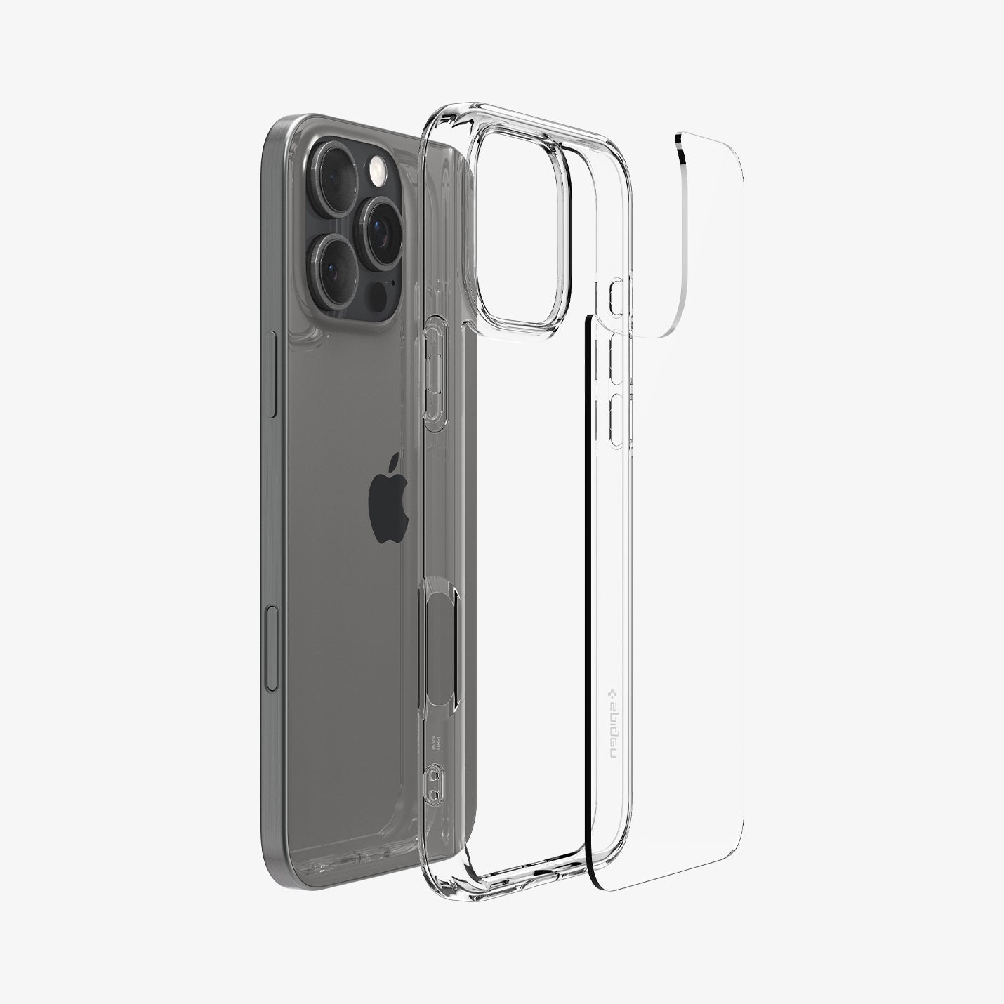 ACS08121 - iPhone 16 Pro Case Ultra Hybrid in Crystal Clear showing the back, detached from the frame of the case aligned with the device
