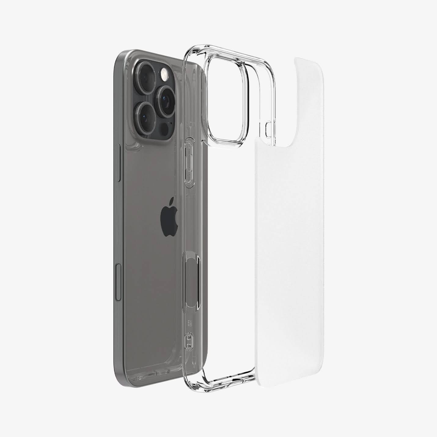 ACS07993 - iPhone 16 Pro Max Case Ultra Hybrid in Frost Clear showing the back, detached from the frame of the case aligned with the device