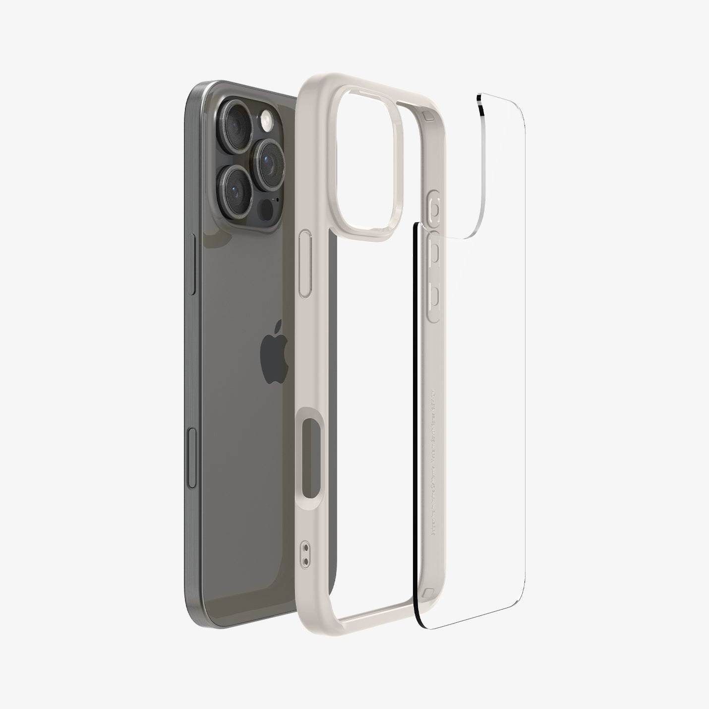 ACS08127 - iPhone 16 Pro Case Ultra Hybrid in Natural Titanium showing the back, detached from the frame of the case aligned with the device