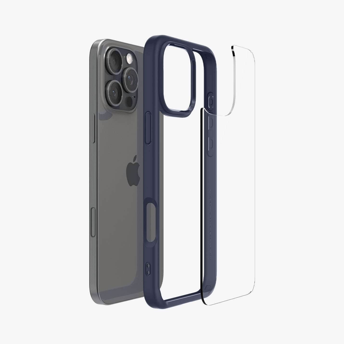 ACS08126 - iPhone 16 Pro Case Ultra Hybrid in Navy Blue showing the back, detached from the frame of the case aligned with the device