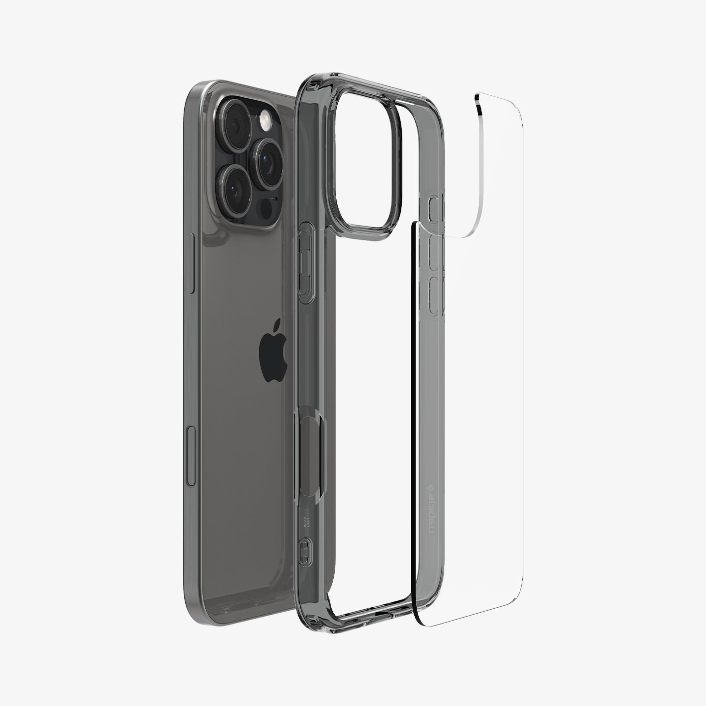 ACS08123 - iPhone 16 Pro Case Ultra Hybrid in Space Crystal showing the back, detached from the frame of the case aligned with the device